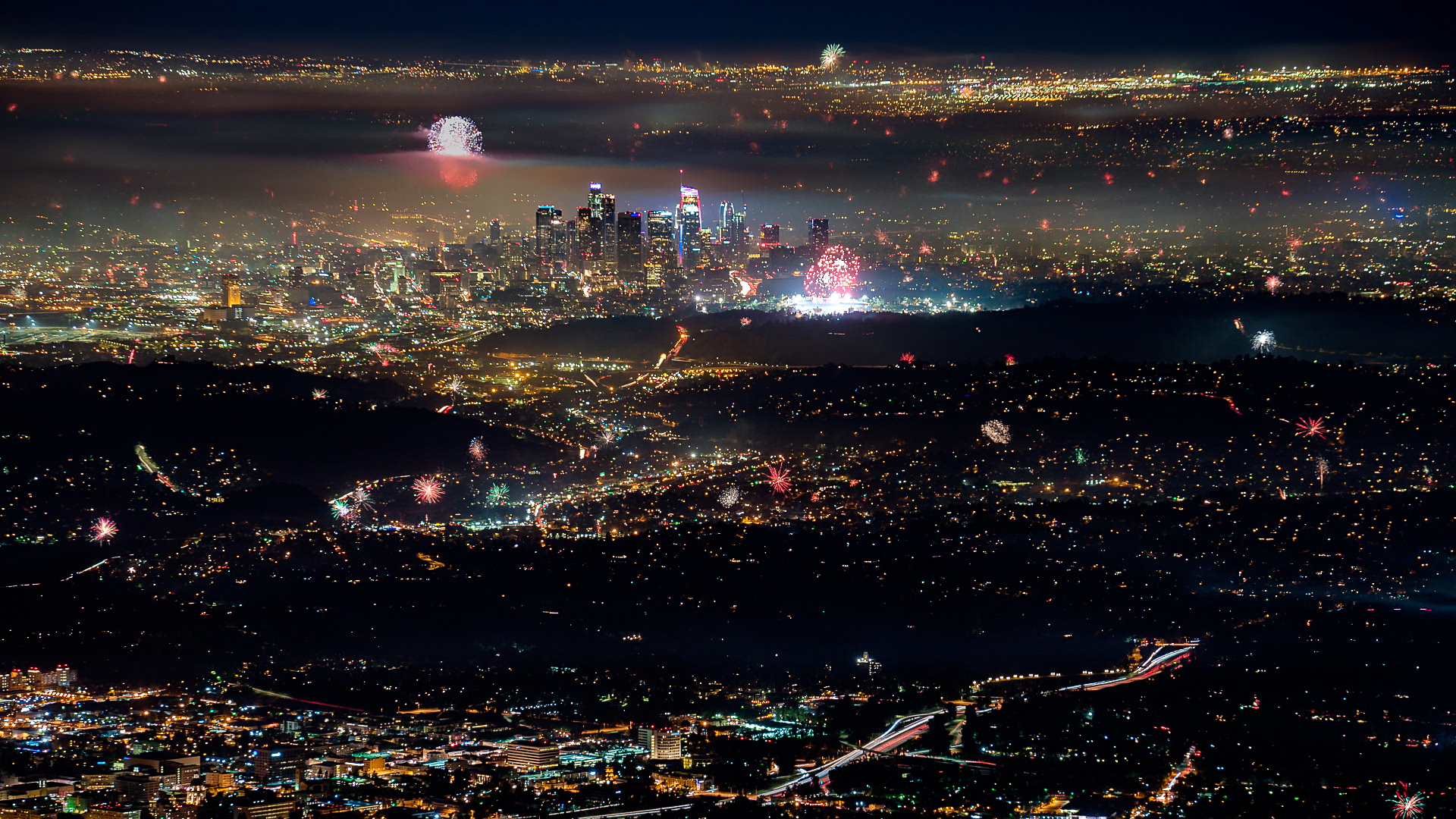 A composite image of fireworks over Los Angeles on July 4, 2017.