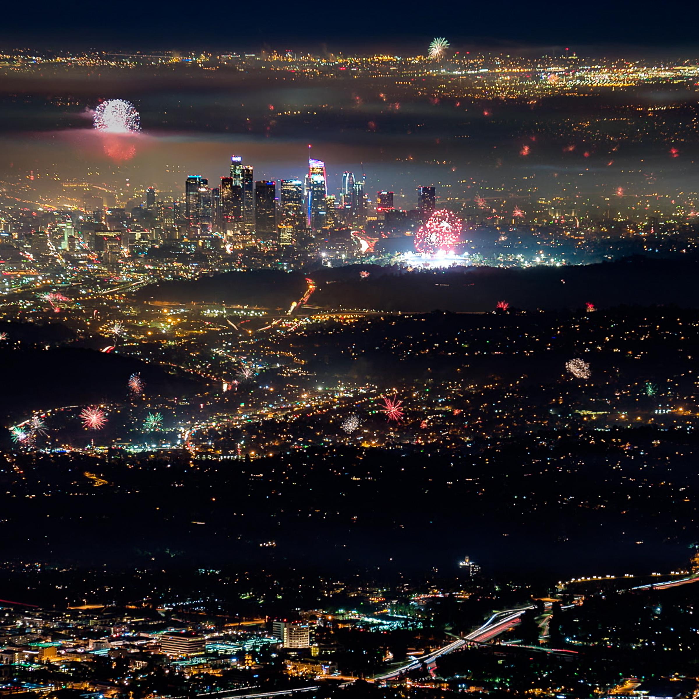 A composite image of fireworks over Los Angeles on July 4, 2017.