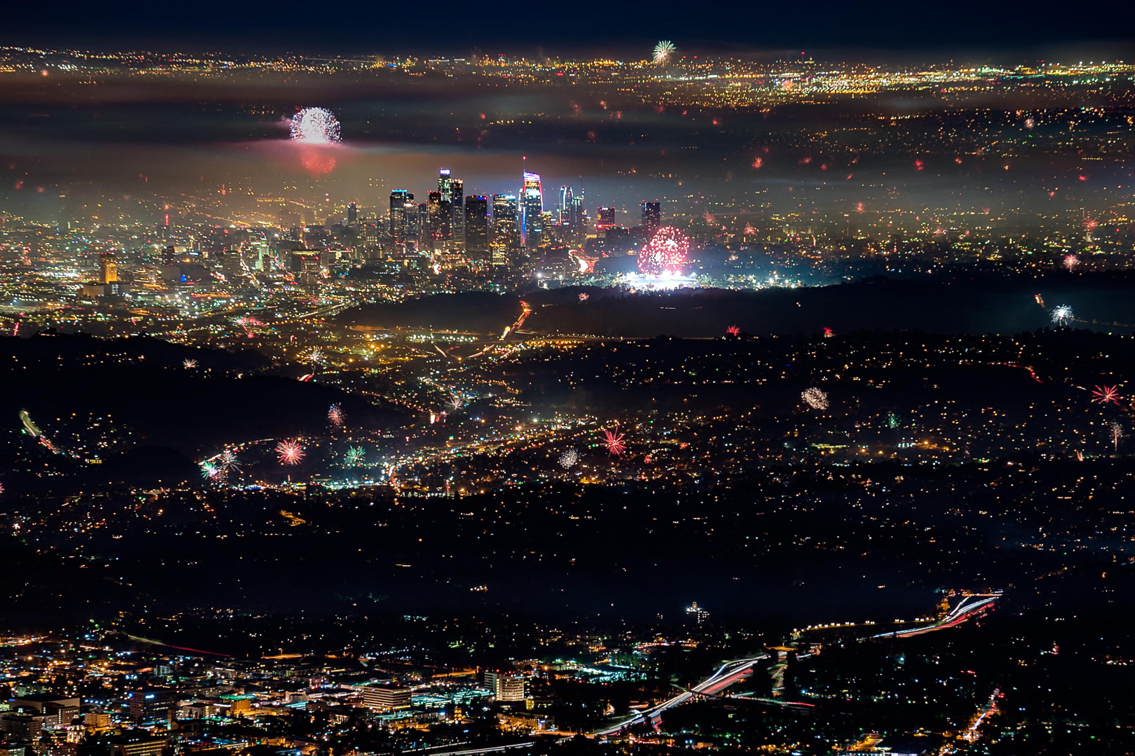 A composite image of fireworks over Los Angeles on July 4, 2017.