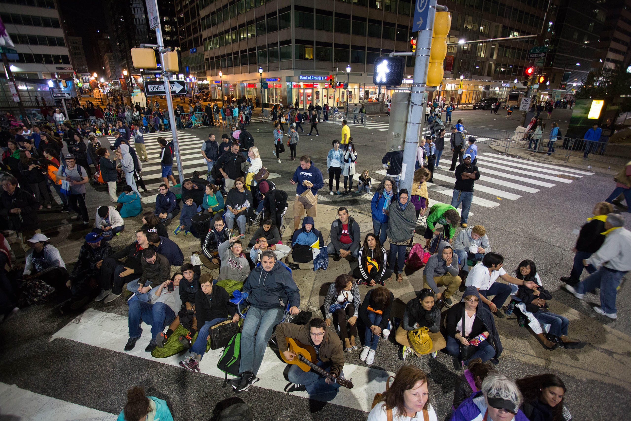 A crowd gathers to listen to Pope Francis while he speaks at the World Meeting of Families on Benjamin Franklin Parkway, in Philadelphia, PA. Sept, 26, 2015.