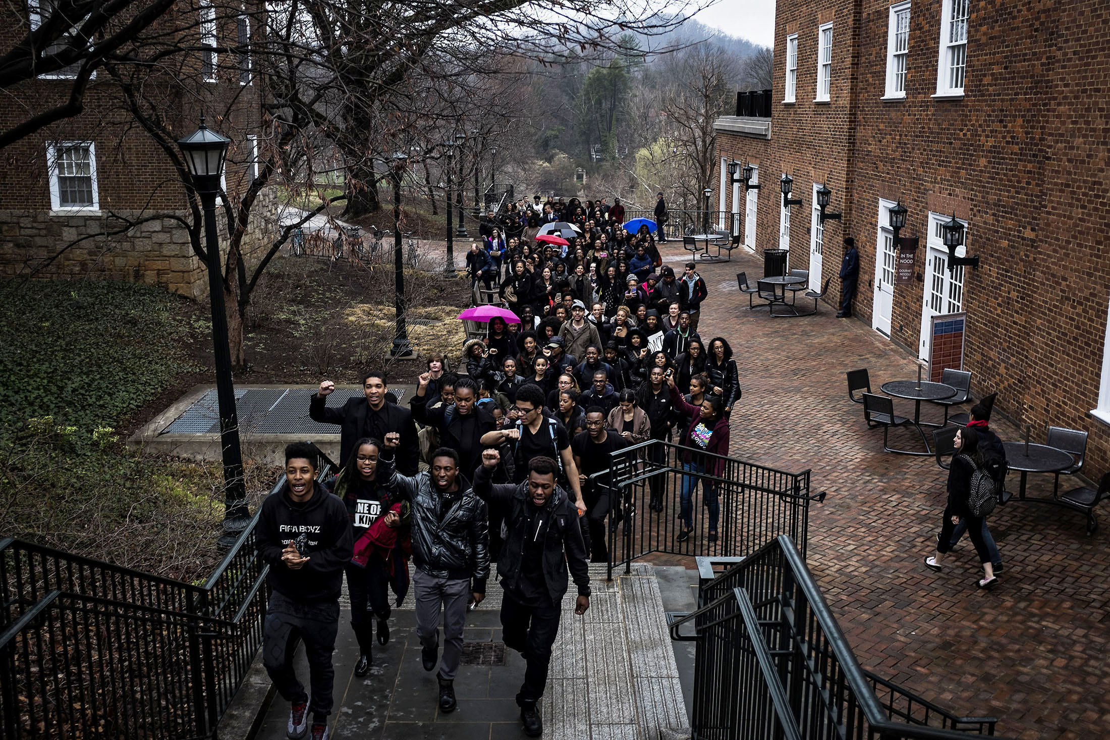 Students protest at the University of Virginia following the Tuesday night arrest by ABC police of student Martese Johnson, 20, outside a bar in Charlottesville, Virginia
