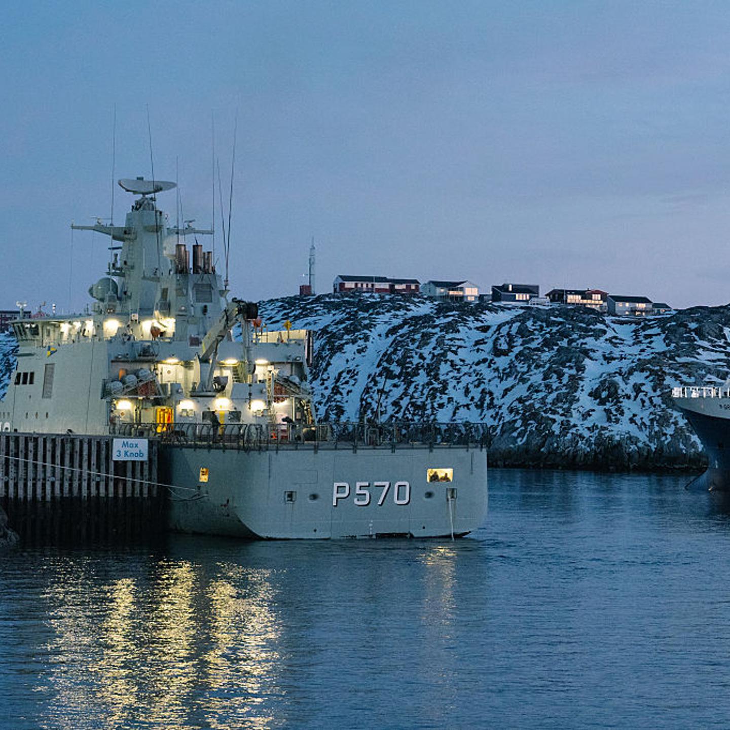 The Royal Danish Navy HDMS Knud Rasmussen-class offshore patrol vessel manoeuvers in the harbor in Nuuk, Greenland, on Jan. 29, 2026.