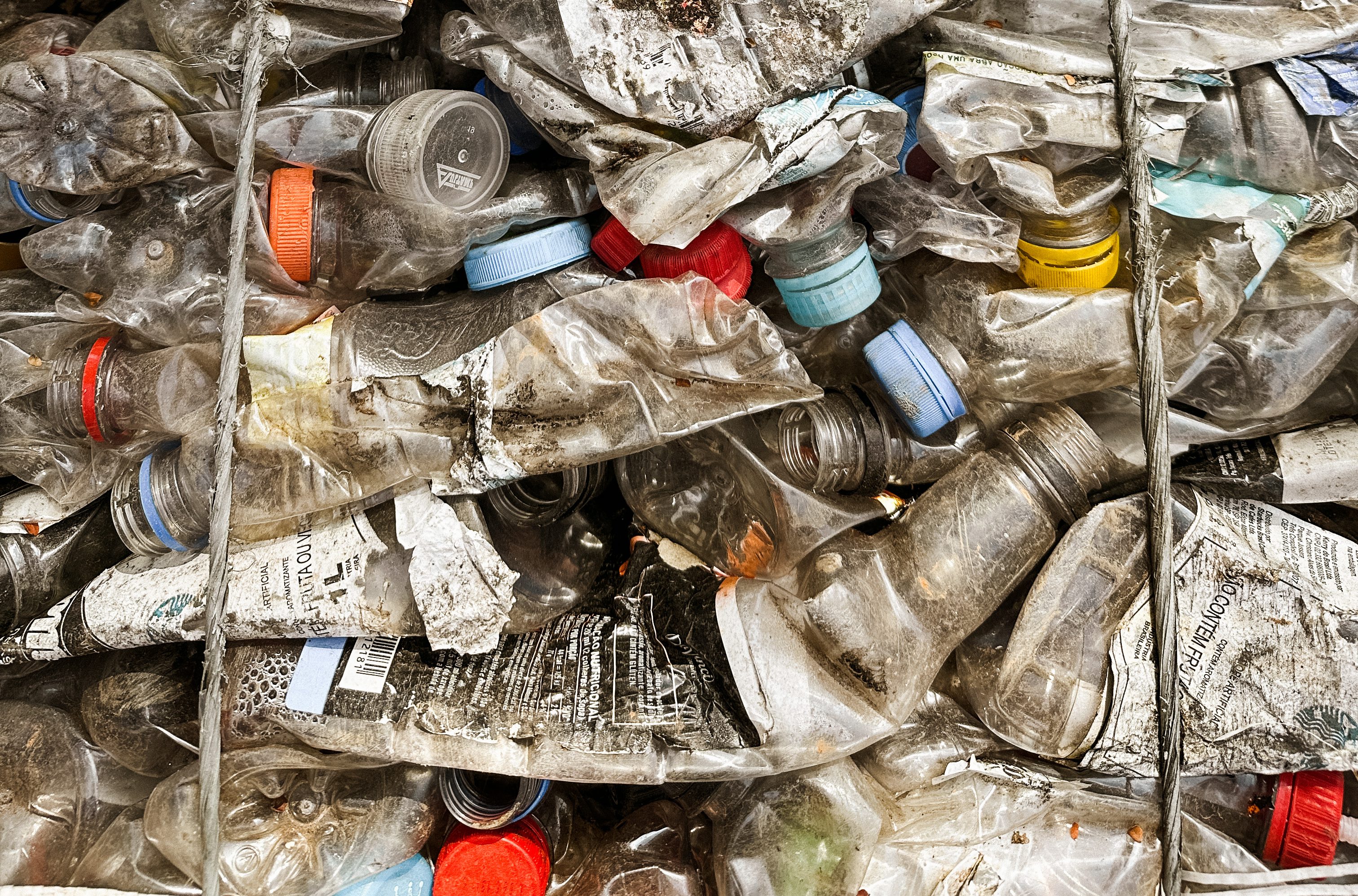 PET plastic bottles, pressed and baled.