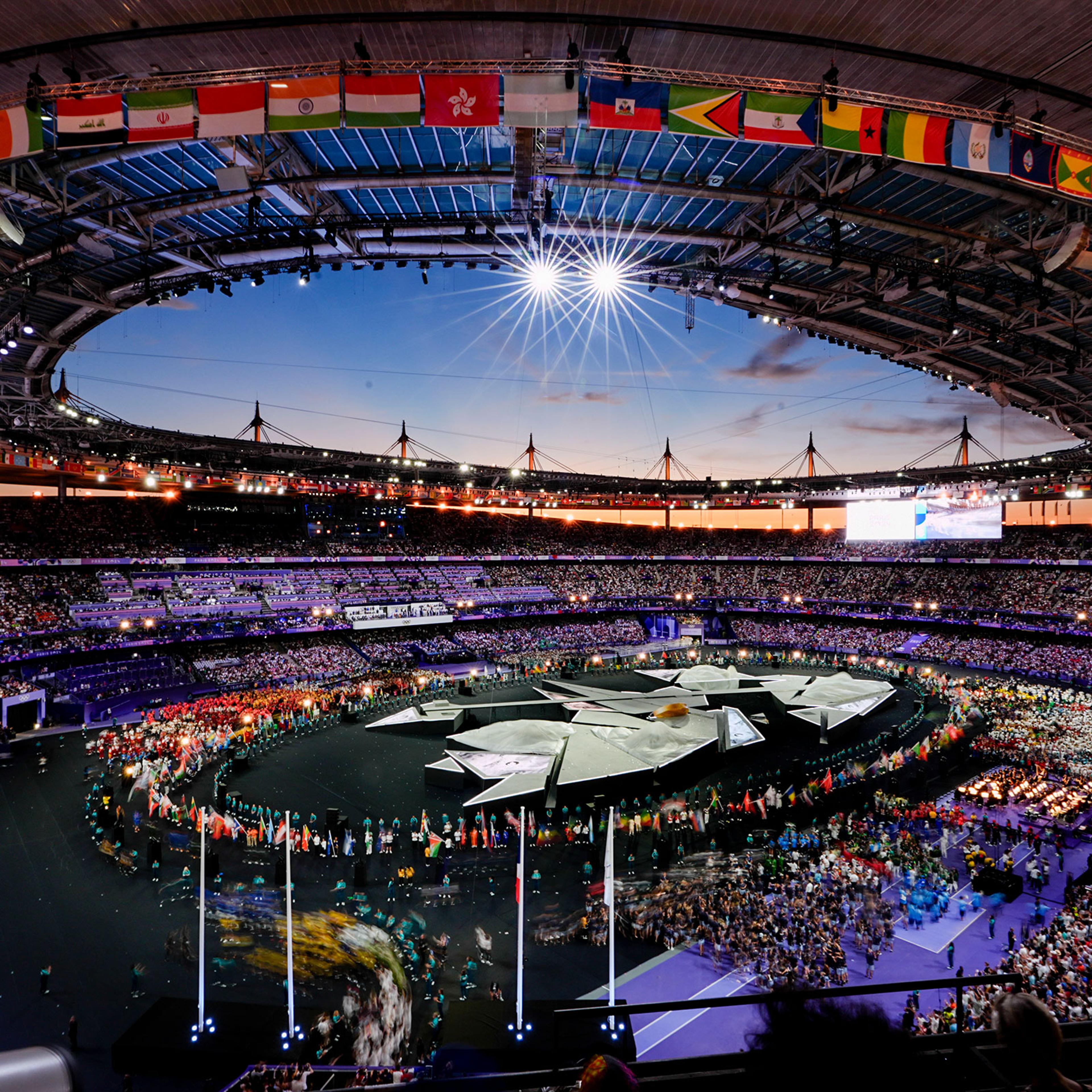Athletes file into the arena during the closing ceremony for the Paris 2024 Olympic Summer Games at Stade de France on Aug. 11, 2024.