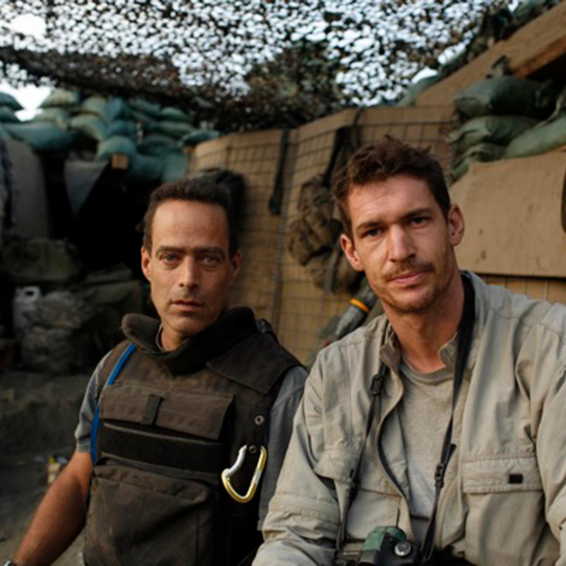 Tim Hetherington (right) and Sebastian Junger (left) at the Restrepo outpost in the Korengal Valley, Afghanistan. Junger and Hetherington jointly directed, filmed and produced the movie 'Restrepo' from June 2007 to January 2010.