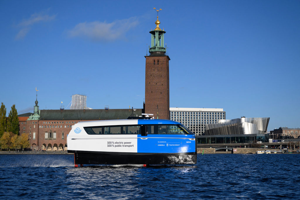 The electric hydrofoil ferry Nova with Stockholm City Hall in the background is tested on Oct. 25, 2024, which is part of a world-unique pilot project in Stockholm's public transport.