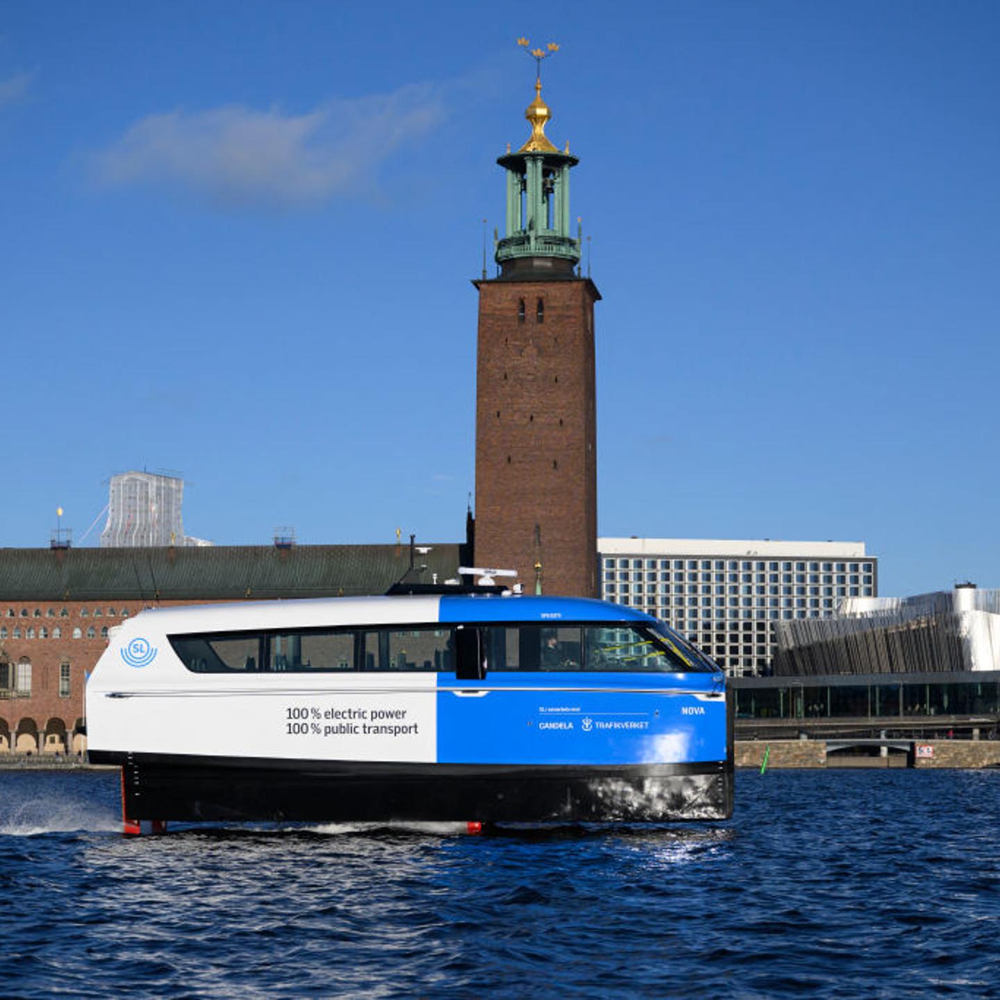 The electric hydrofoil ferry Nova with Stockholm City Hall in the background is tested on Oct. 25, 2024, which is part of a world-unique pilot project in Stockholm's public transport.