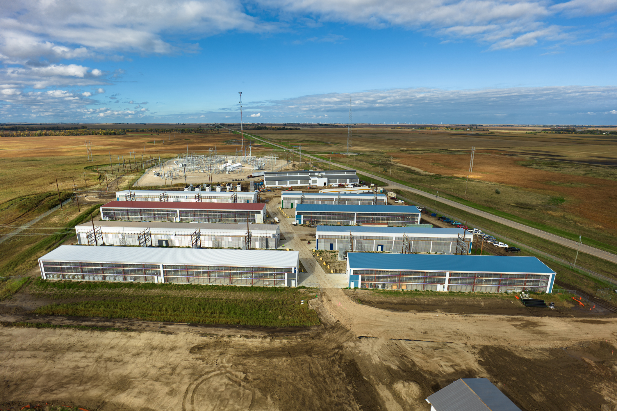 Aerial shot of a data center for cryptocurrency mining, cloud services and AI computing in a large, temperature controlled warehouse in a remote location in Stutsman County, North Dakota.
