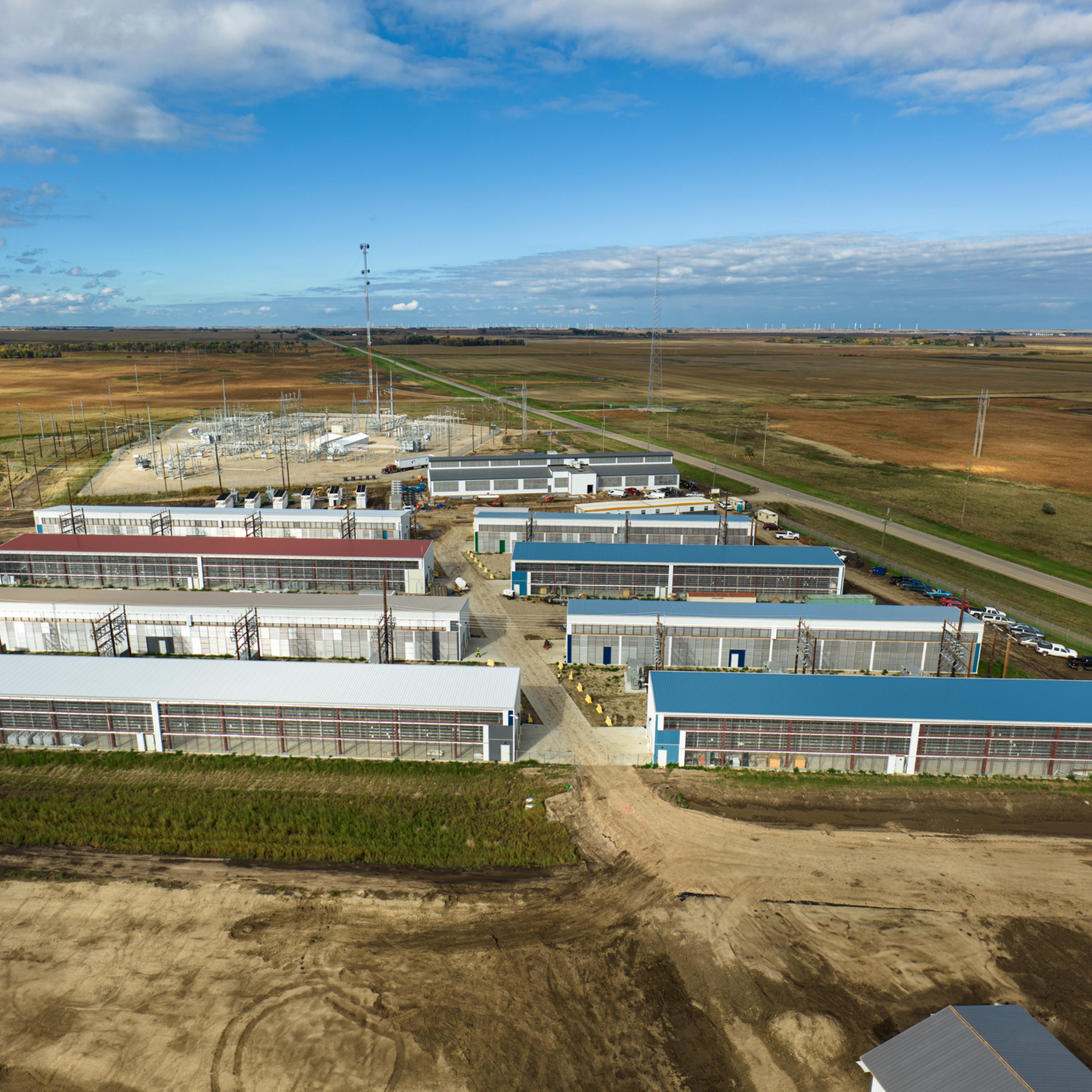 Aerial shot of a data center for cryptocurrency mining, cloud services and AI computing in a large, temperature controlled warehouse in a remote location in Stutsman County, North Dakota.