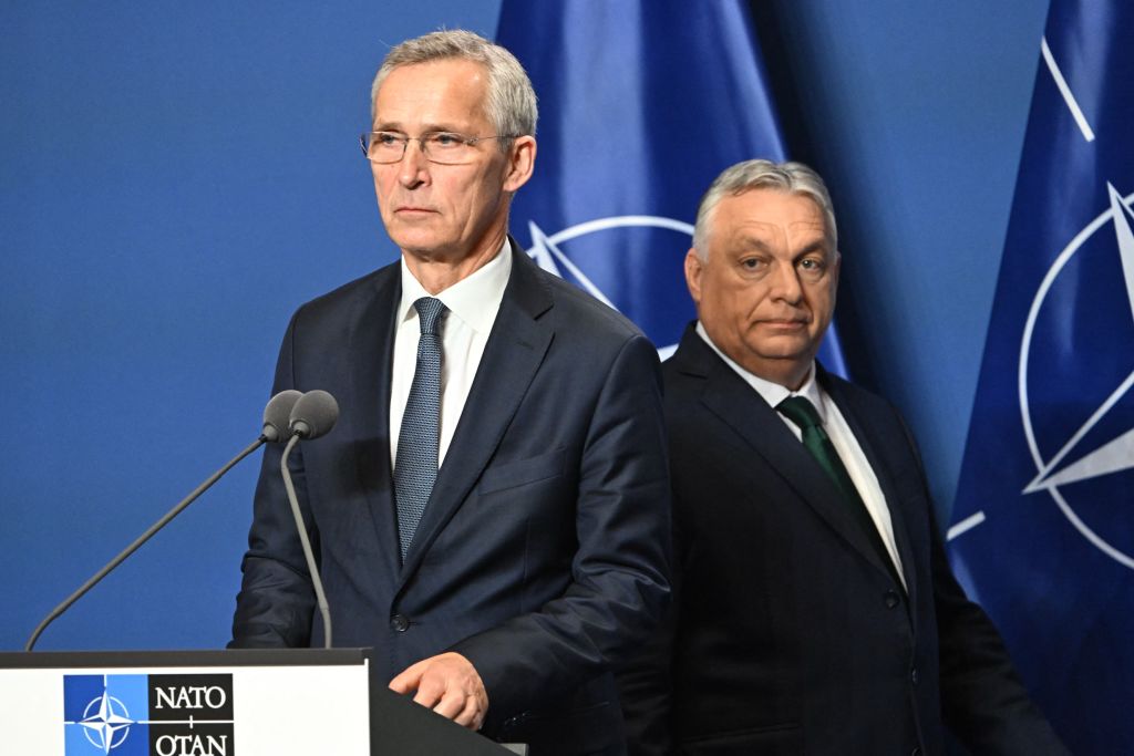 NATO Secretary General Jens Stoltenberg and Hungarian Prime Minister Viktor Orban and arrive to a joint press conference in Karmelita monastery, the Prime Minister's office in Budapest on June 12, 2024.