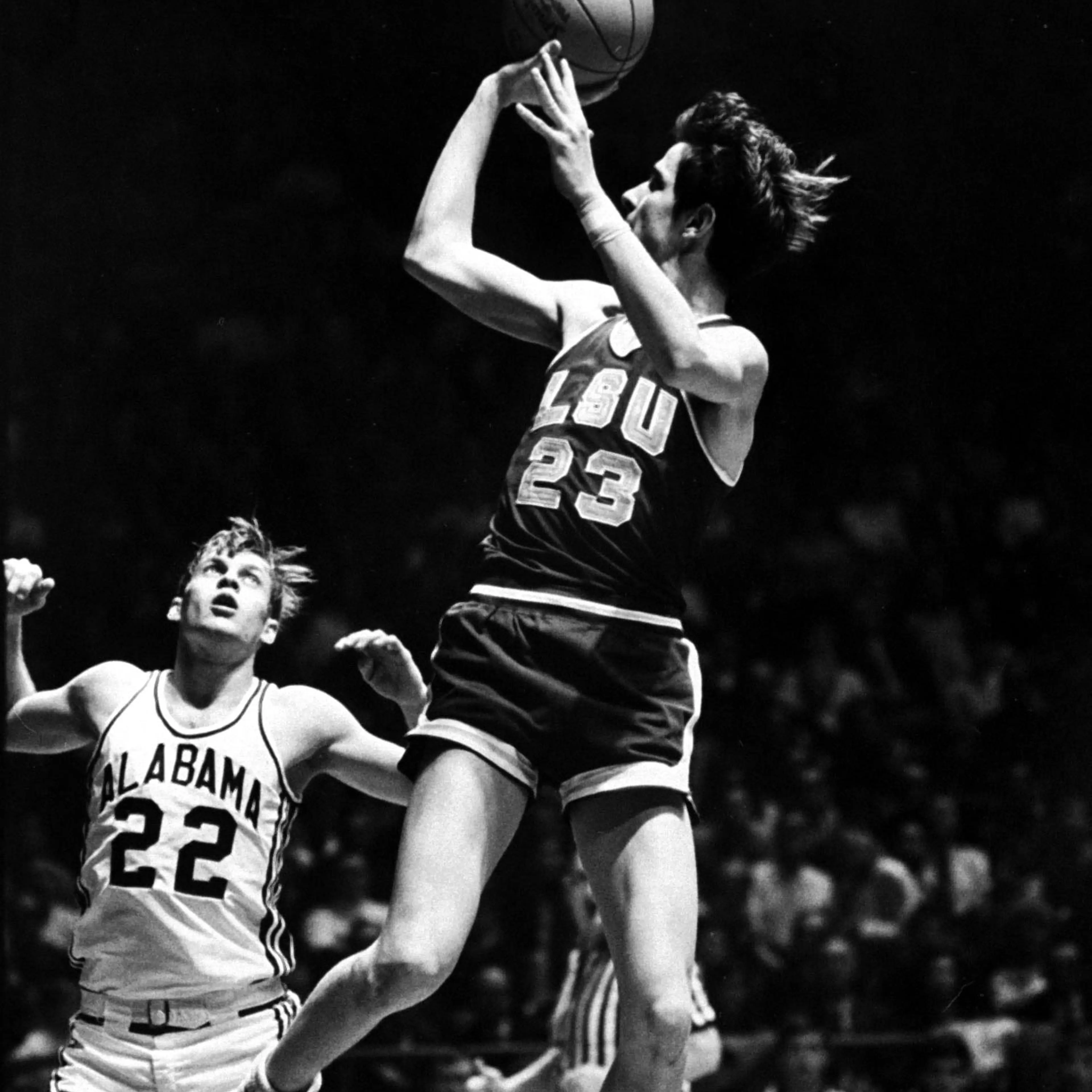 Pete Maravich (LSU) fires off a fade-away jumper against Alabama in 1969.