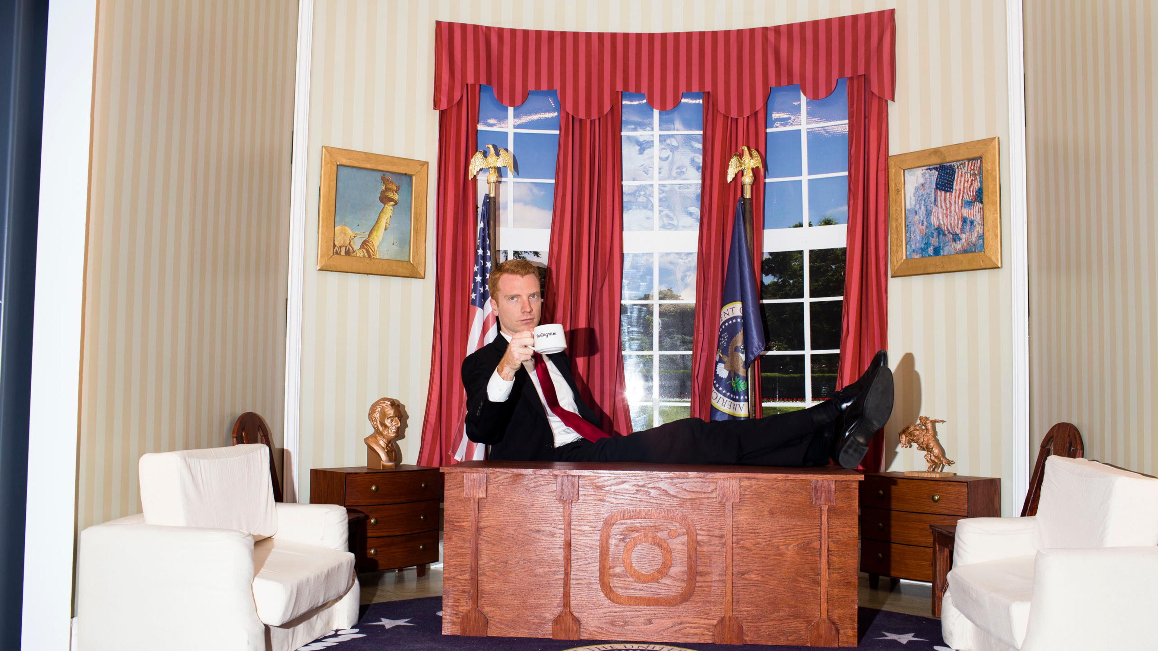 A man poses at Instagram's "Mini Oval" office at the 2016 Republican National Convention in Cleveland on Wednesday, July 20, 2016.