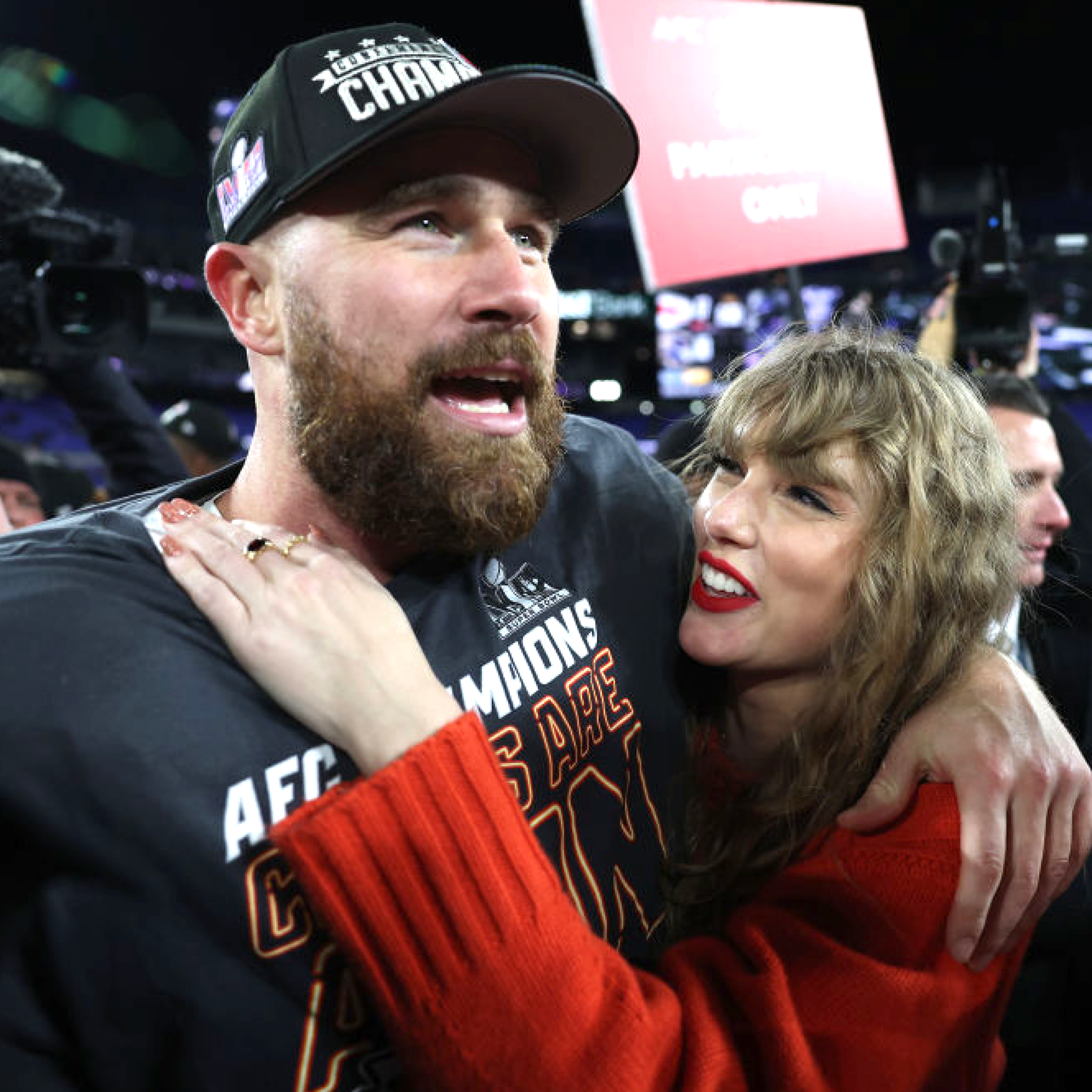 Taylor Swift debuted a home video featuring footage of her boyfriend Travis Kelce when promoting her new album, The Tortured Poets Department. The couple is seen here in January 2024.