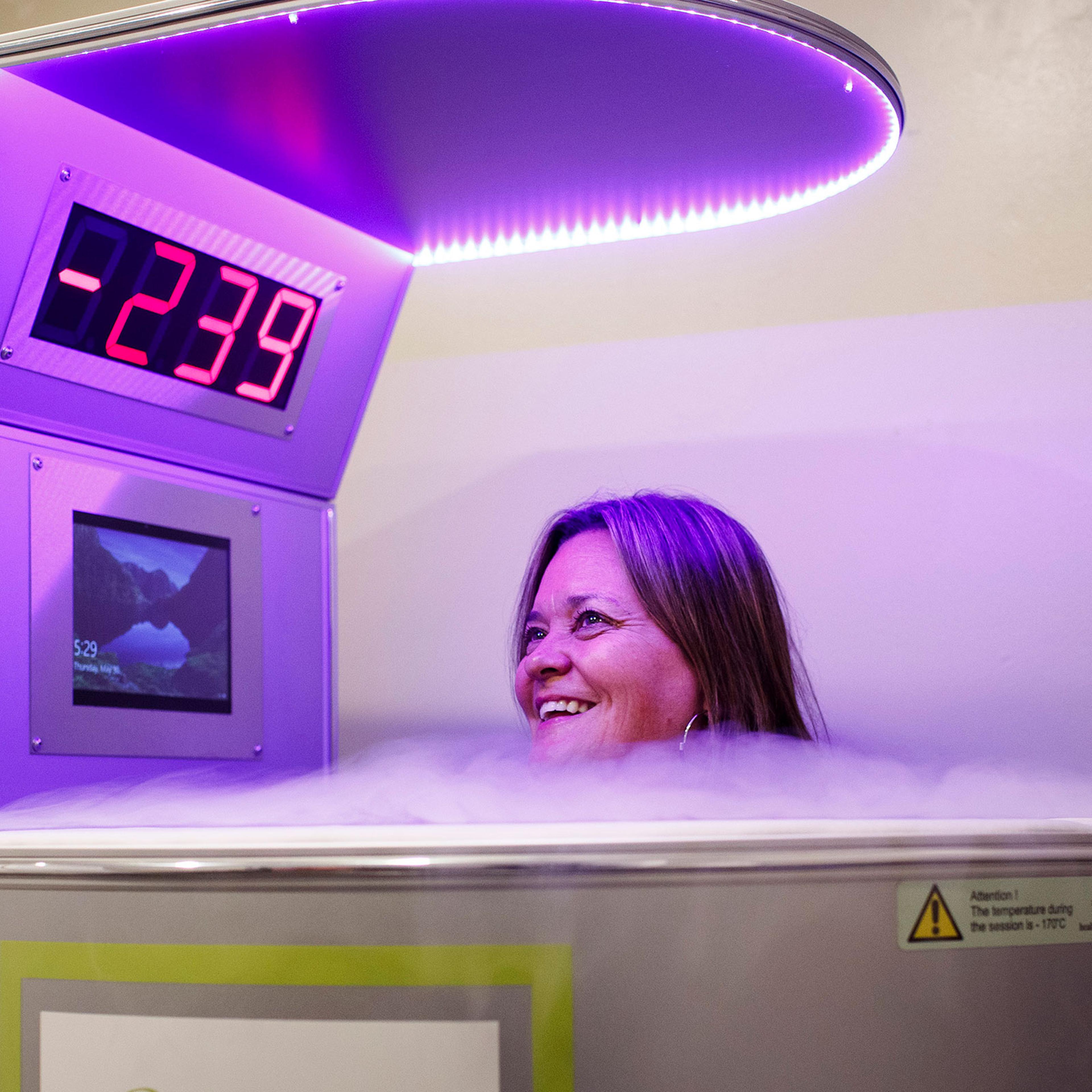 Amy Bateson stands in a Cryotherapy chamber while the temperature is lowered to negative 239 degrees Fahrenheit at the Andersonville cryotherapy and athletic recovery center in Chicago on May 30, 2019.