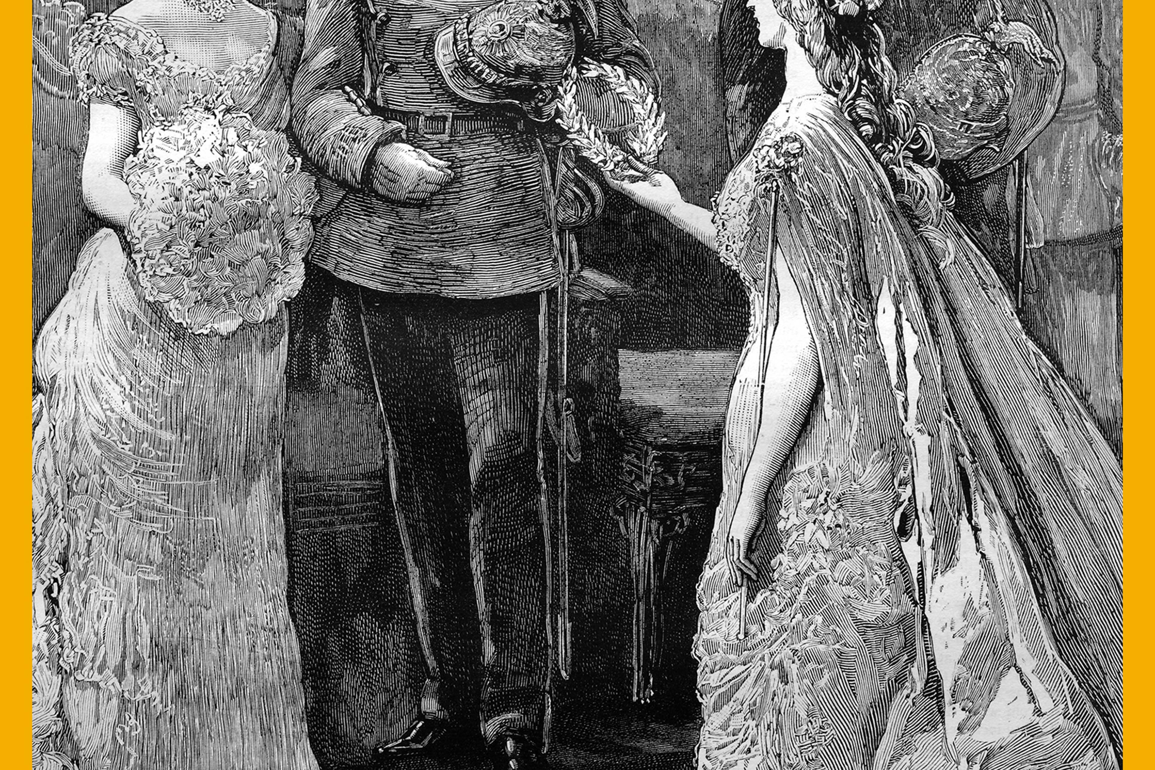 The silver wedding of the imperial prince and princess of Germany, the koenigin minne" or "queen of love" presenting a silver wreath to the imperial princess, historical illustration, 1884.