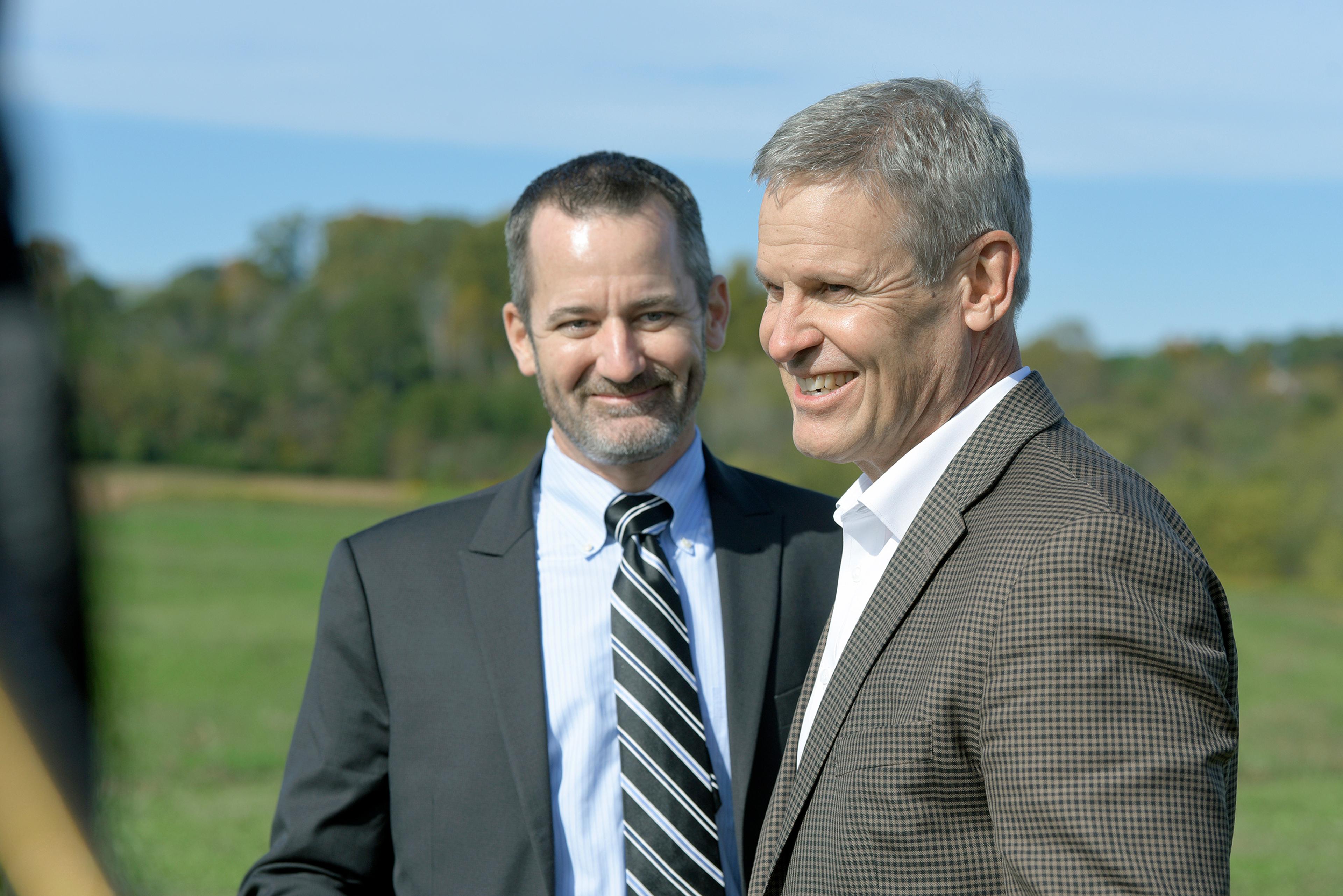 Smith and Wesson President and CEO Mark Smith, left, and Tennessee Governor Bill Lee prepare for a ground breaking ceremony for the new Tennessee location for the firearms manufacturer, November 2021 in Alcoa, Tenn.
