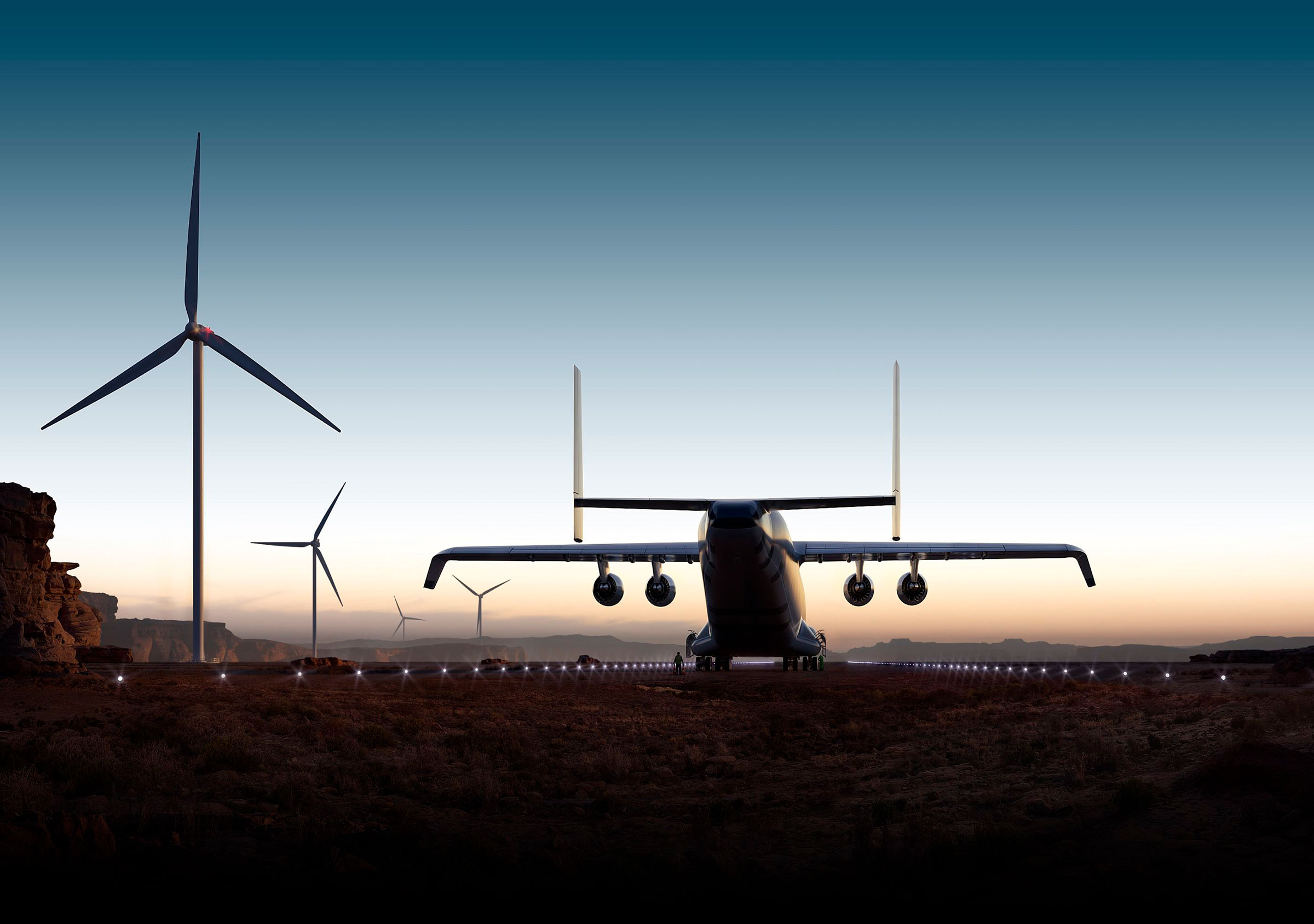 A vector image of the WindRunner airplane taxing on a airport runway