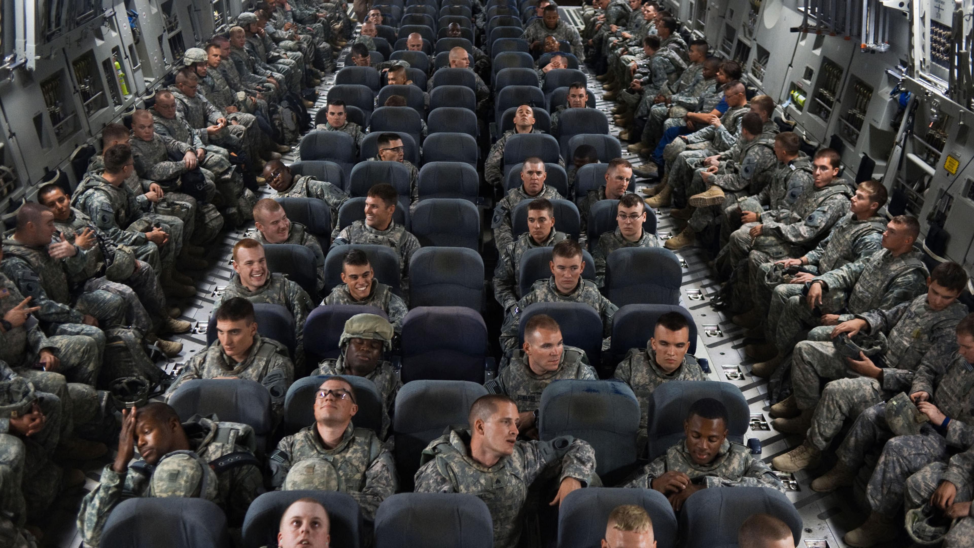 Soldiers from the Virginia National GuardÕs 1st Battalion, 116th Infantry Regiment, head back to the U.S. from Camp Adder, having served eight months, marking the end of the U.S. combat mission in Iraq ends after seven years, Aug. 5, 2010.