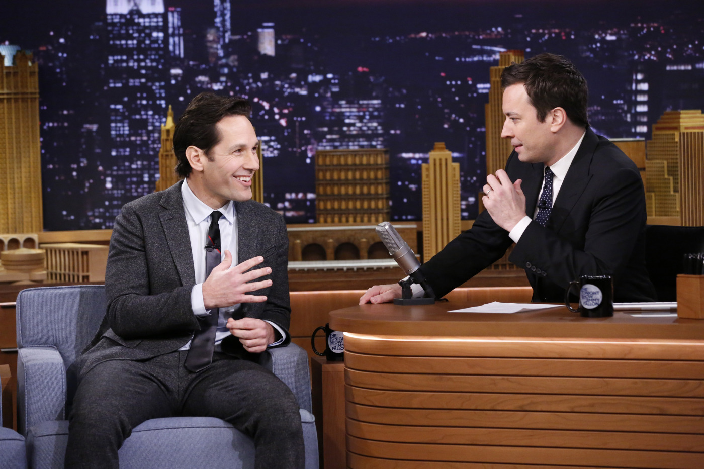 Actor Paul Rudd with host Jimmy Fallon during an interview on February 25, 2014