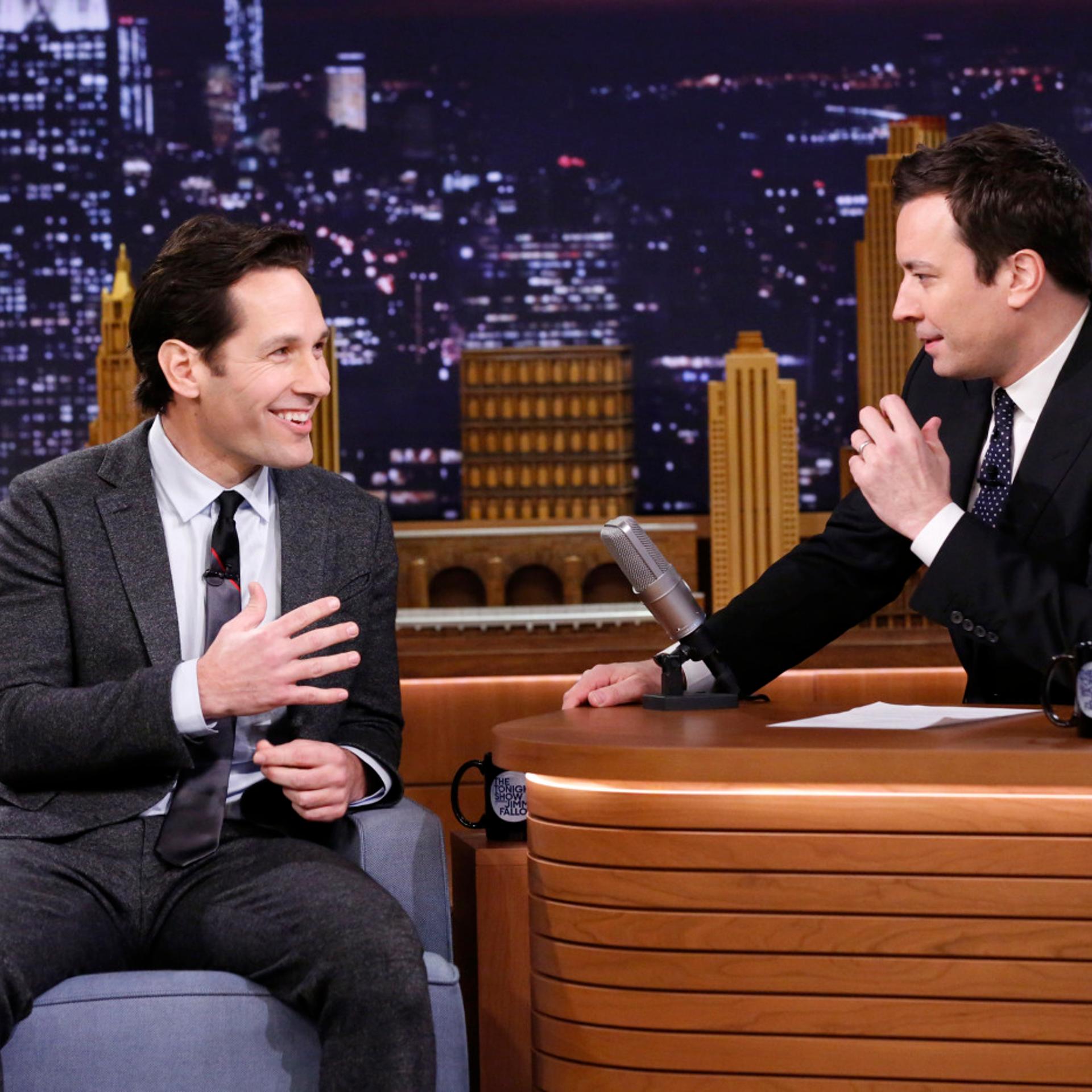 Actor Paul Rudd with host Jimmy Fallon during an interview on February 25, 2014