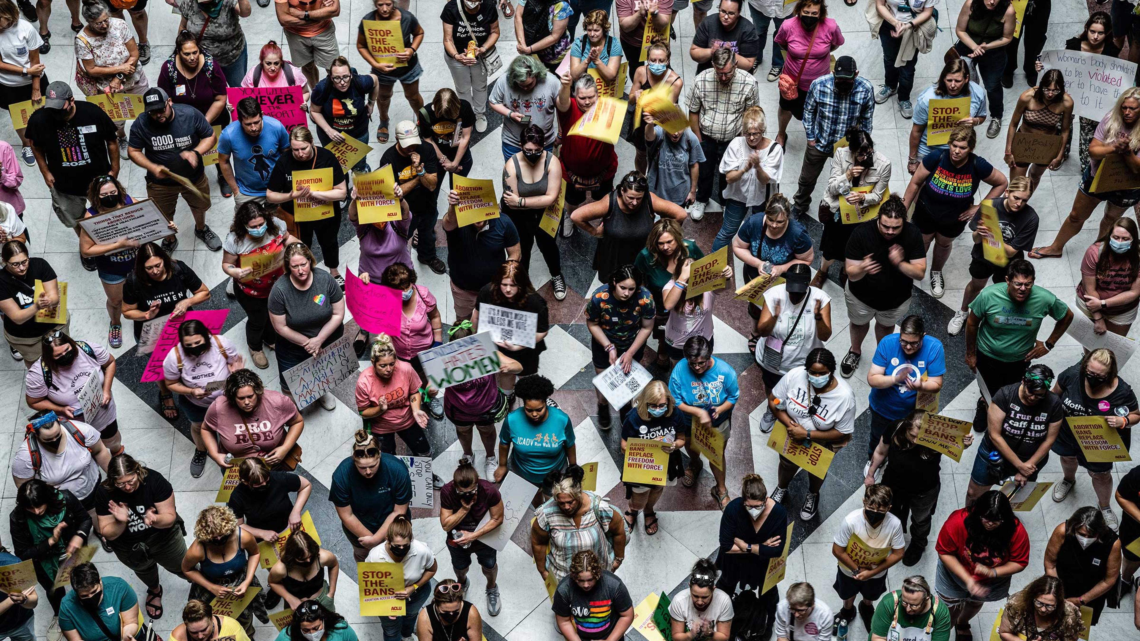 A crowd of anti-abortion and abortion rights protesters are seen in the Indiana State Capitol building on July 25, 2022 in Indianapolis, Indiana. Activists are gathering during a special session of the Indiana state Senate concerning abortion access in the state.