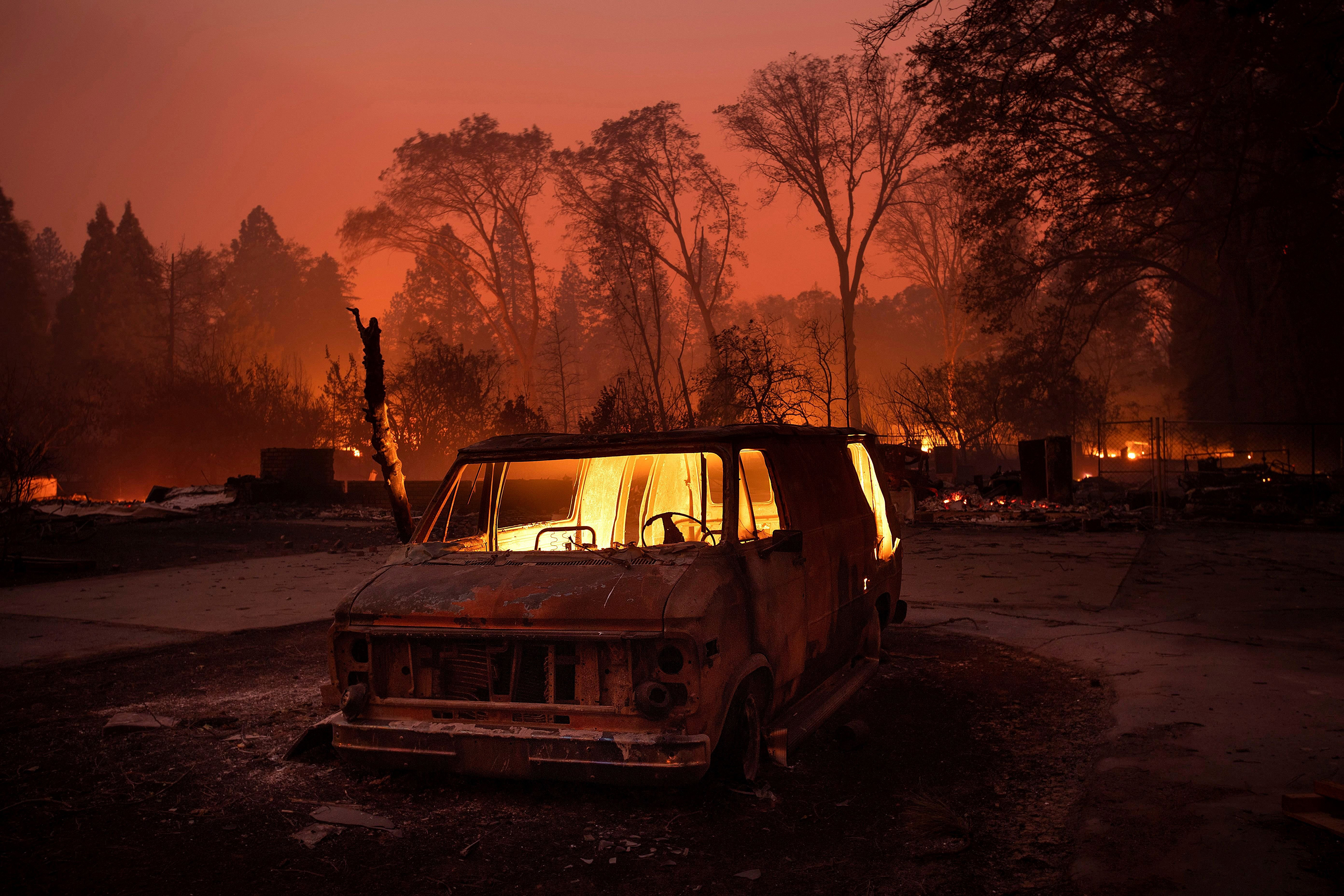Flames burn inside a van as the Camp Fire tears through Paradise, Calif., on Nov. 8.