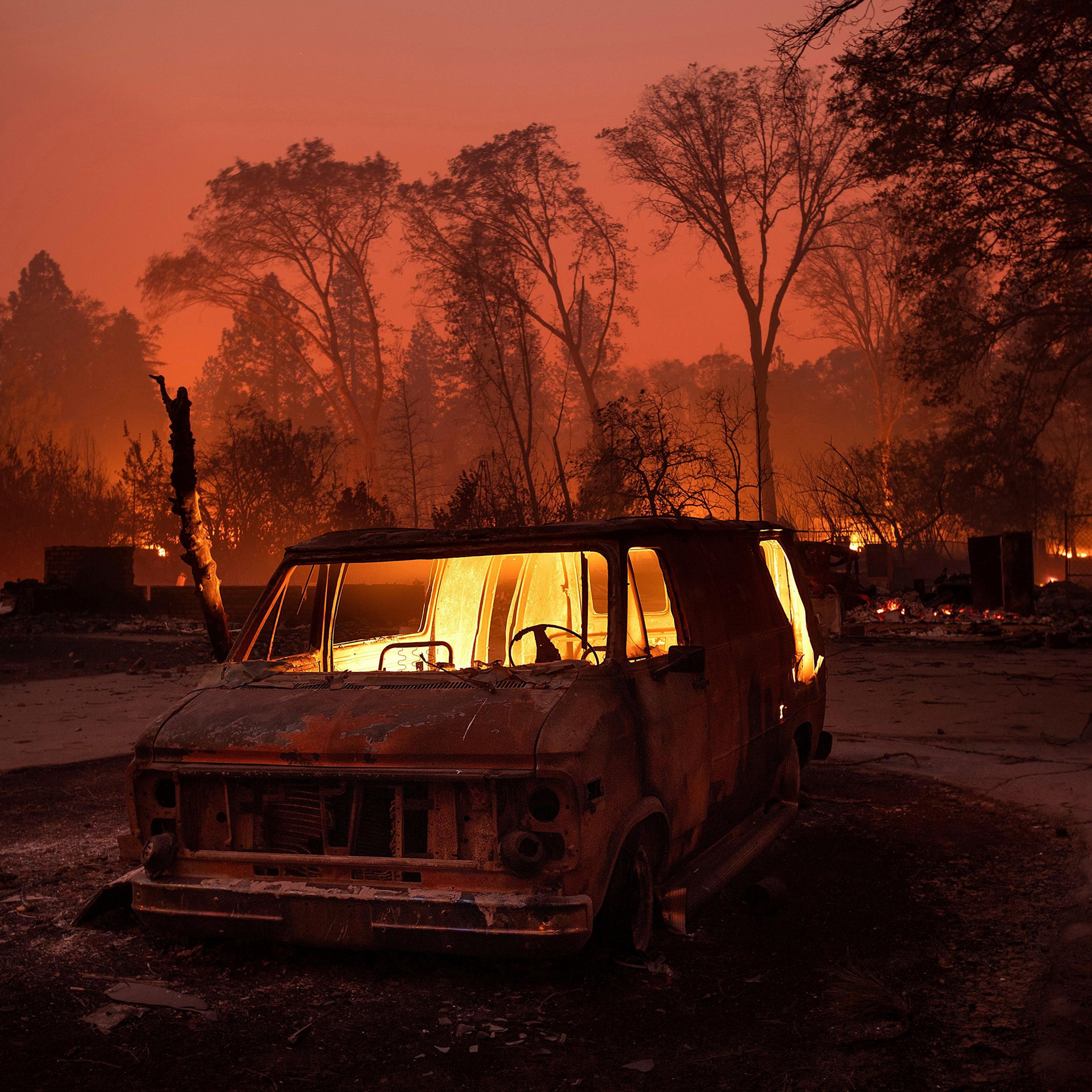Flames burn inside a van as the Camp Fire tears through Paradise, Calif., on Nov. 8.