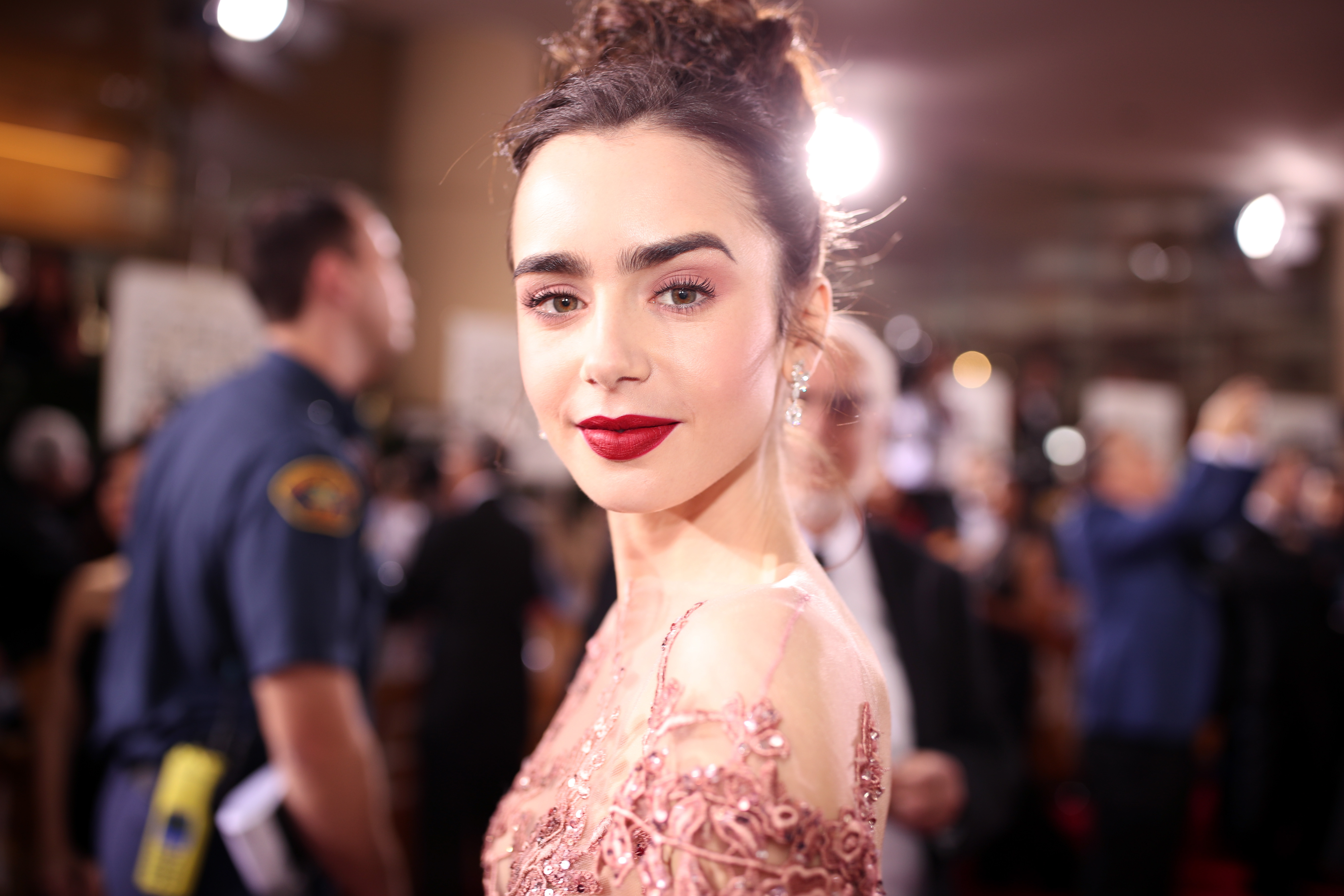 lily collins dress golden globes Gold Foil Plunge Maxi Dress by Chloe Lewis