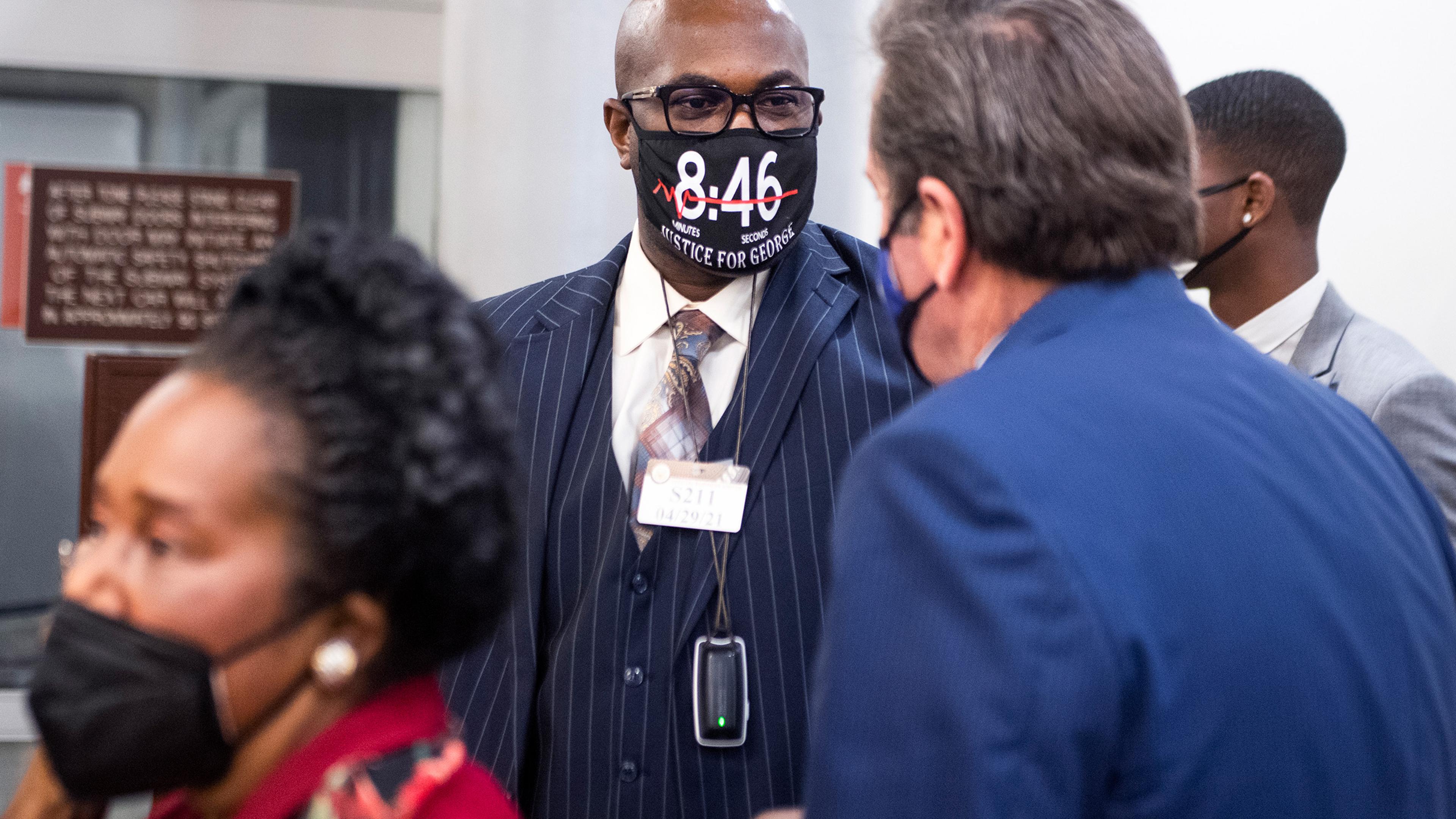 Philonise Floyd, center, the brother of George Floyd, talks with Rep. John Garamendi, D-Calif., while visiting Capitol Hill to discuss the George Floyd Justice in Policing Act, in Washington, D.C., on April 29, 2021.