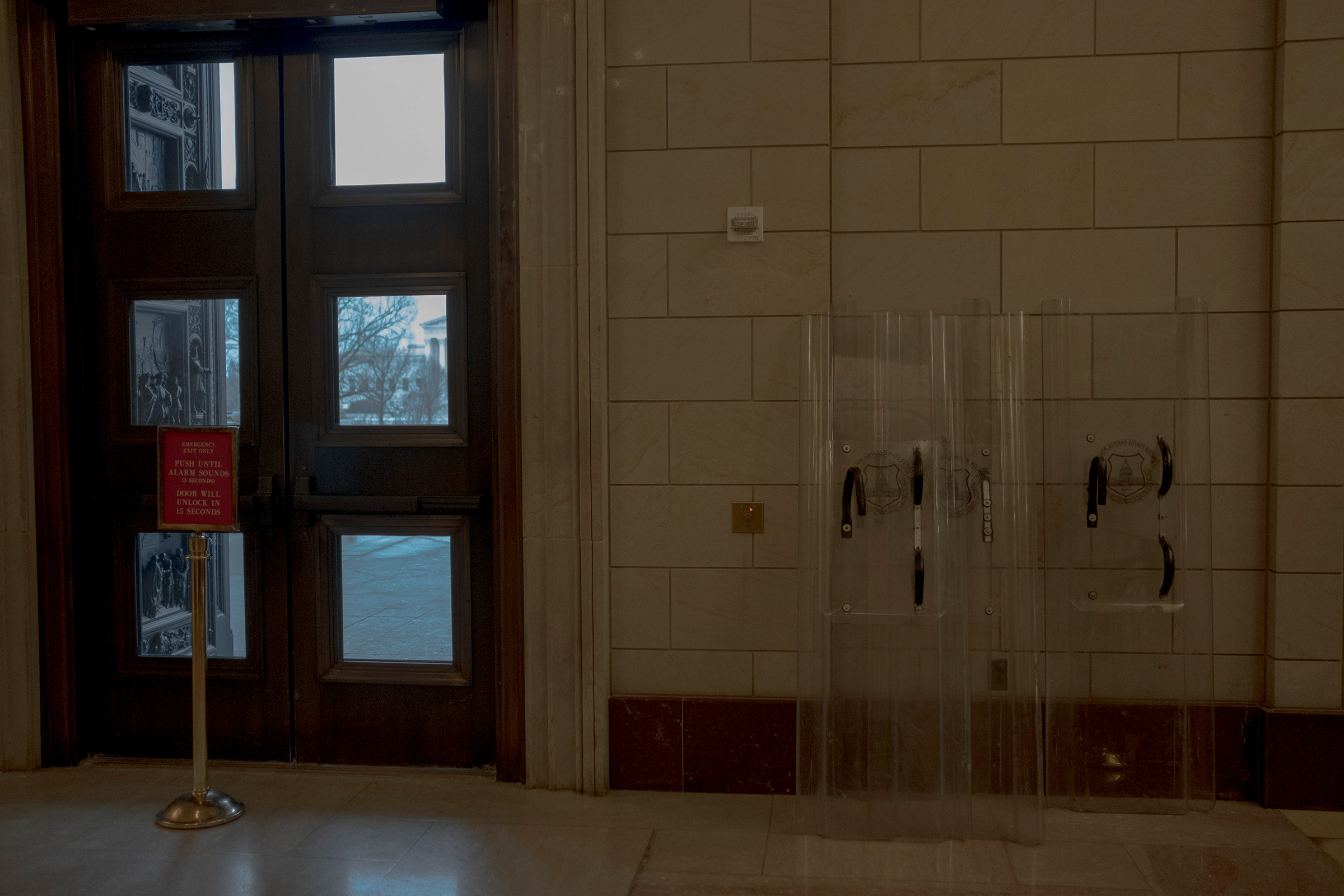 2/11/21, Washington, D.C. Riot shields rest by the main entrance to the Rotunda during the impeachment trial of former president Donald Trump at the Capitol in Washington, D.C. on Feb. 11, 2021. Gabriella Demczuk / TIME