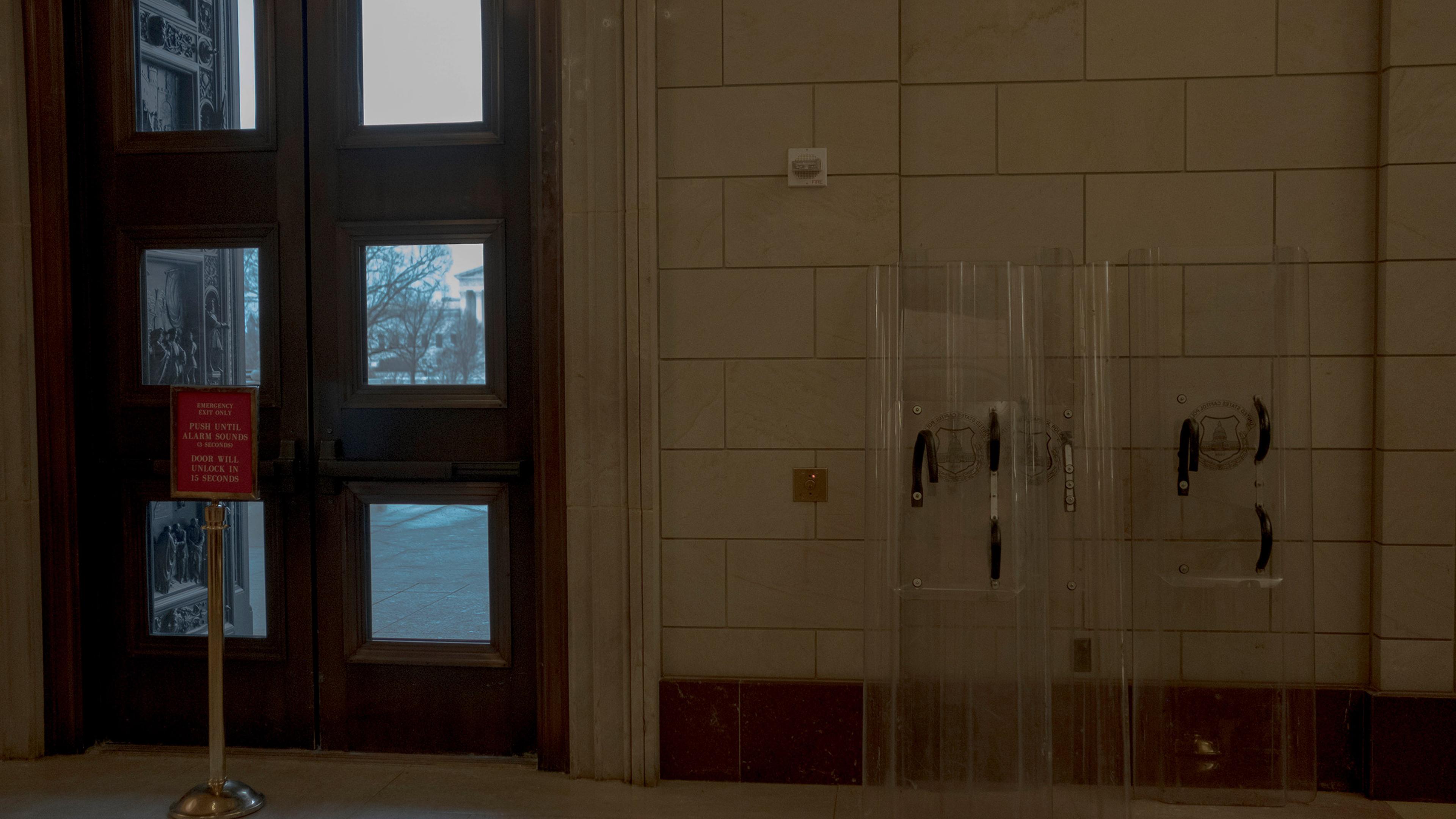 2/11/21, Washington, D.C. Riot shields rest by the main entrance to the Rotunda during the impeachment trial of former president Donald Trump at the Capitol in Washington, D.C. on Feb. 11, 2021. Gabriella Demczuk / TIME