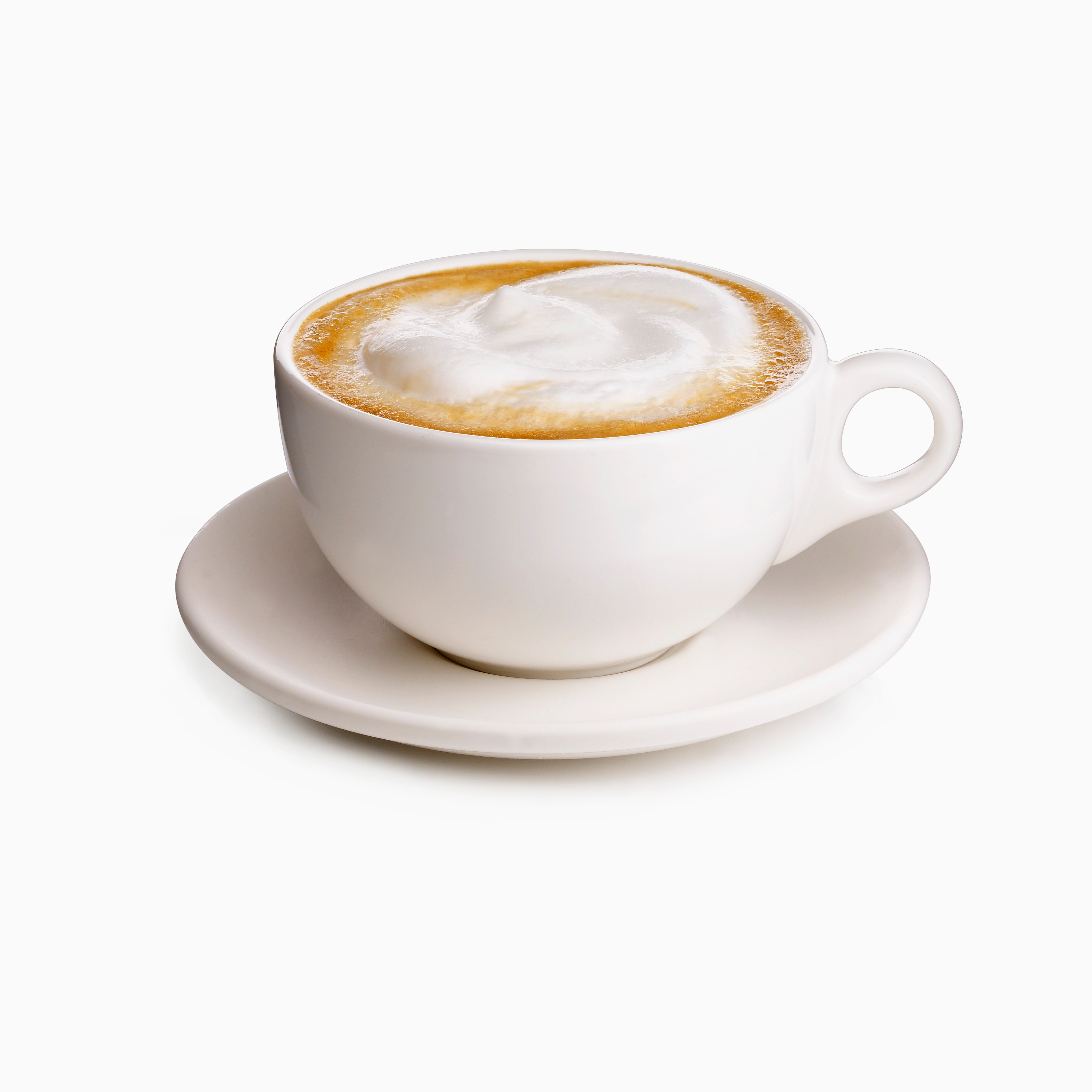 Cappuccino in a White Mug on a Saucer, White Background
