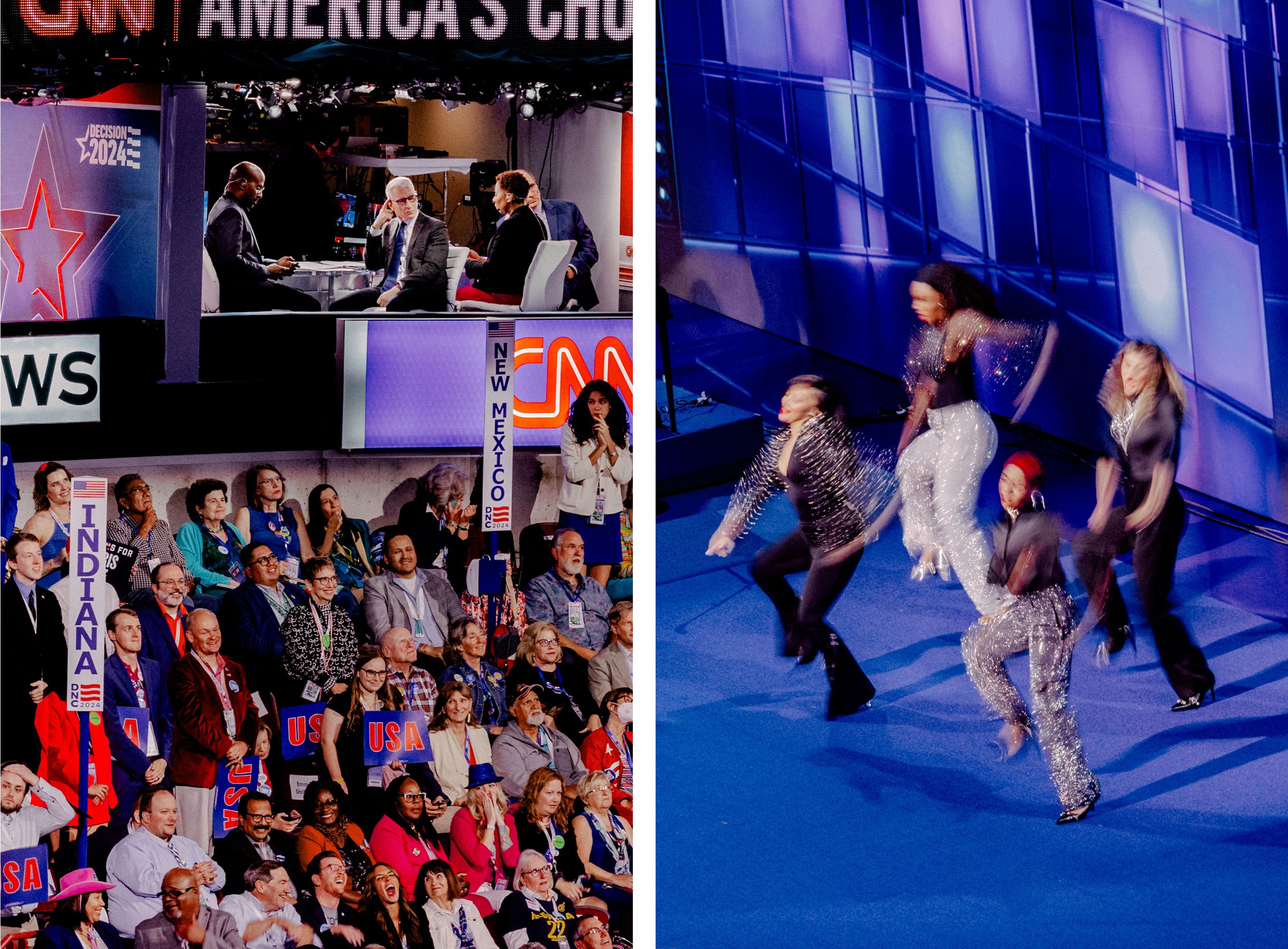 Day 3: CNN anchor Anderson Cooper looks toward the stage, Aug. 21; Day 3: Performers on stage with musicians John Legend and Sheila E., Aug. 21
