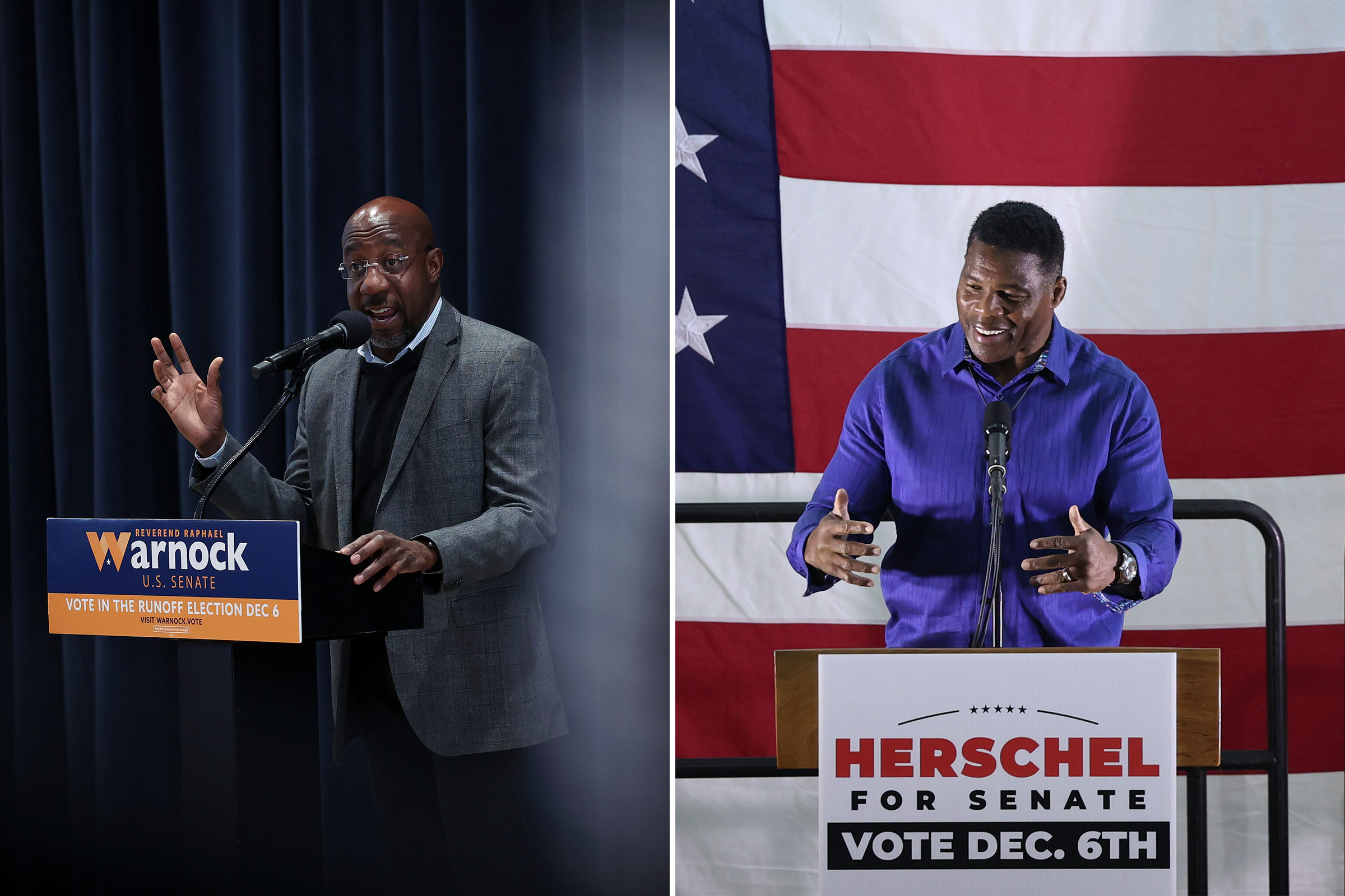 Georgia Democratic Senate candidate Sen. Raphael Warnock speaks at a Students for Warnock rally on Dec. 5; Georgia Republican senate candidate Herschel Walker speaks during a campaign rally on Nov. 30