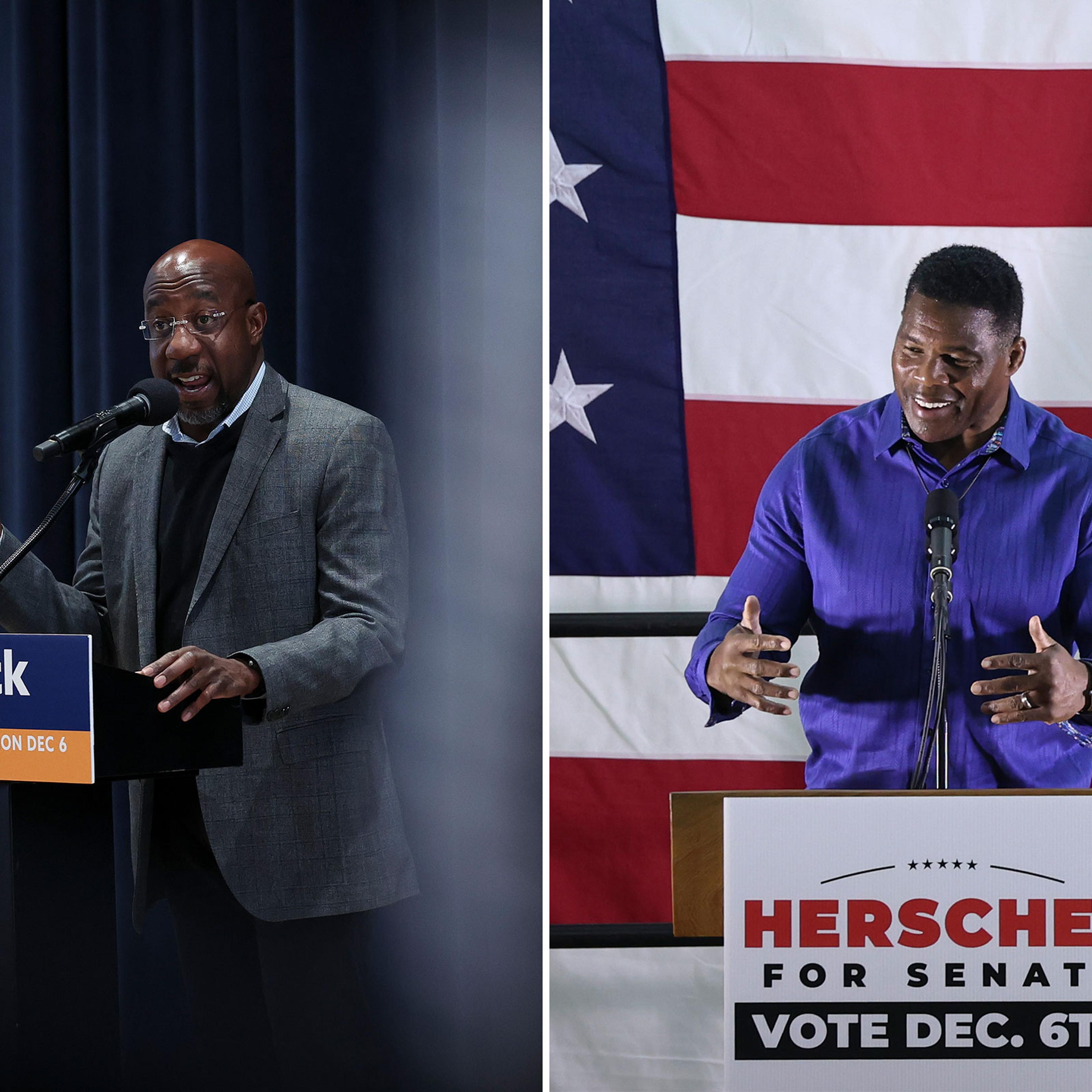 Georgia Democratic Senate candidate Sen. Raphael Warnock speaks at a Students for Warnock rally on Dec. 5; Georgia Republican senate candidate Herschel Walker speaks during a campaign rally on Nov. 30