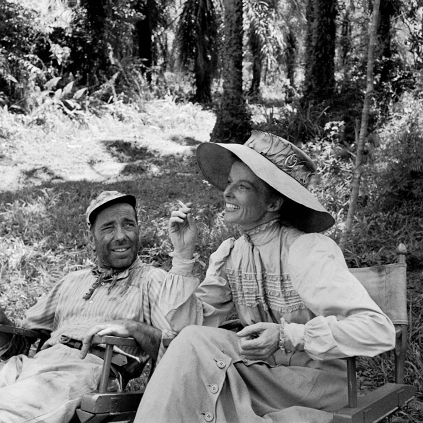 Humphrey Bogart and Katharine Hepburn on location in Africa for the filming of "The African Queen," 1951.