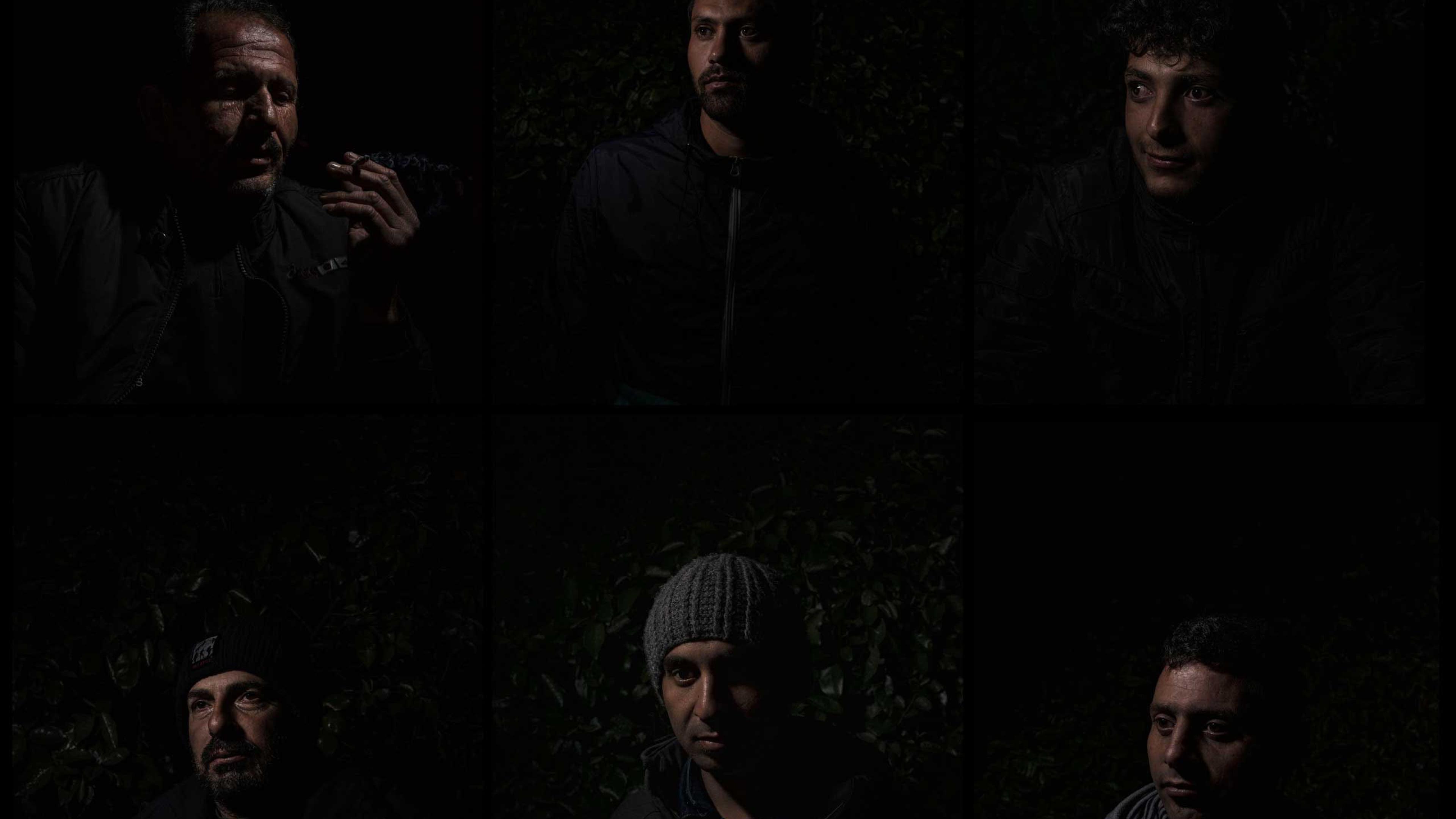 A grid of portraits of Syrian refugees who have recently arrived in Calais, France, 2015.