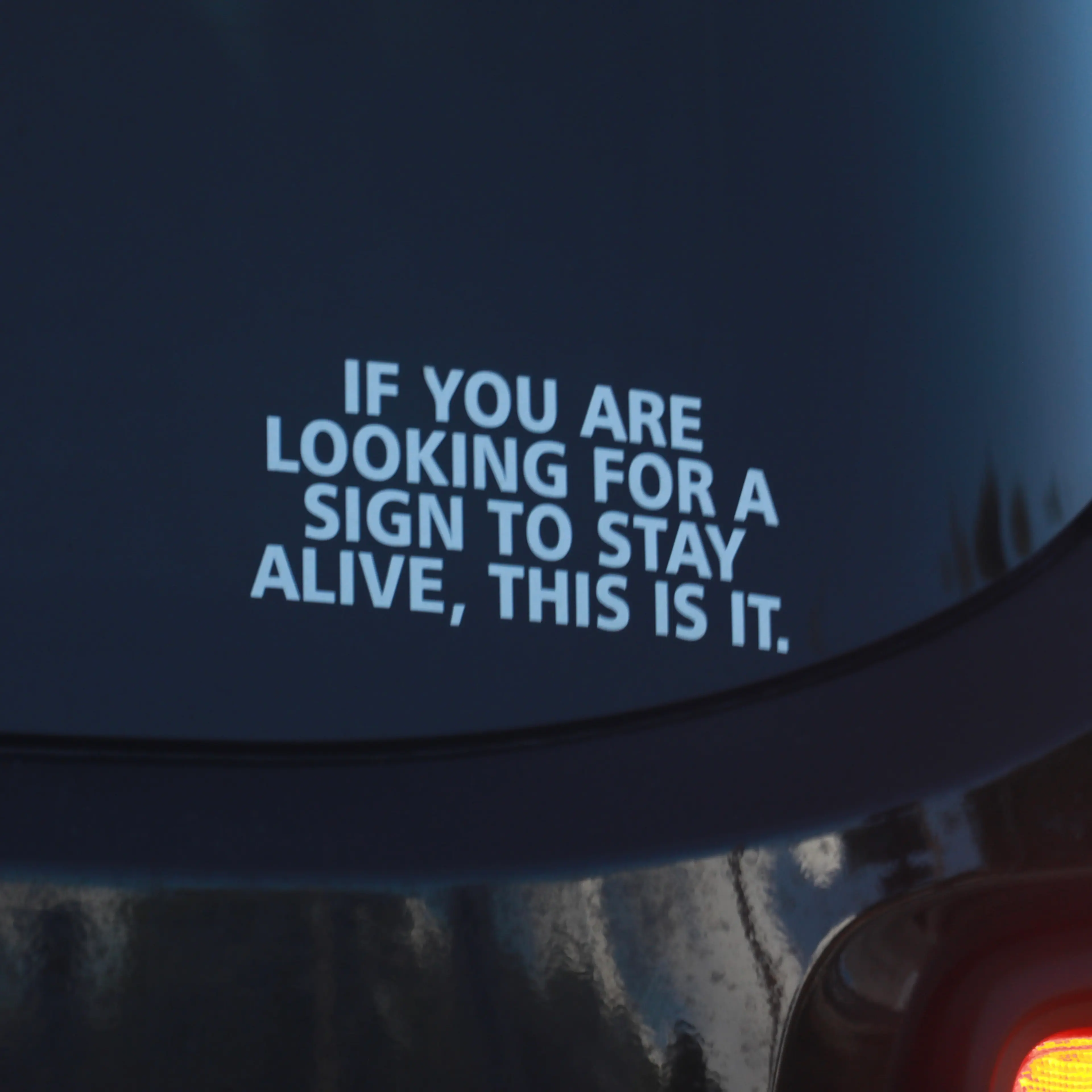 A vehicle decal gives a positive message to roadway travelers regarding suicide: "If you are looking for a sign to stay alive, this is it."