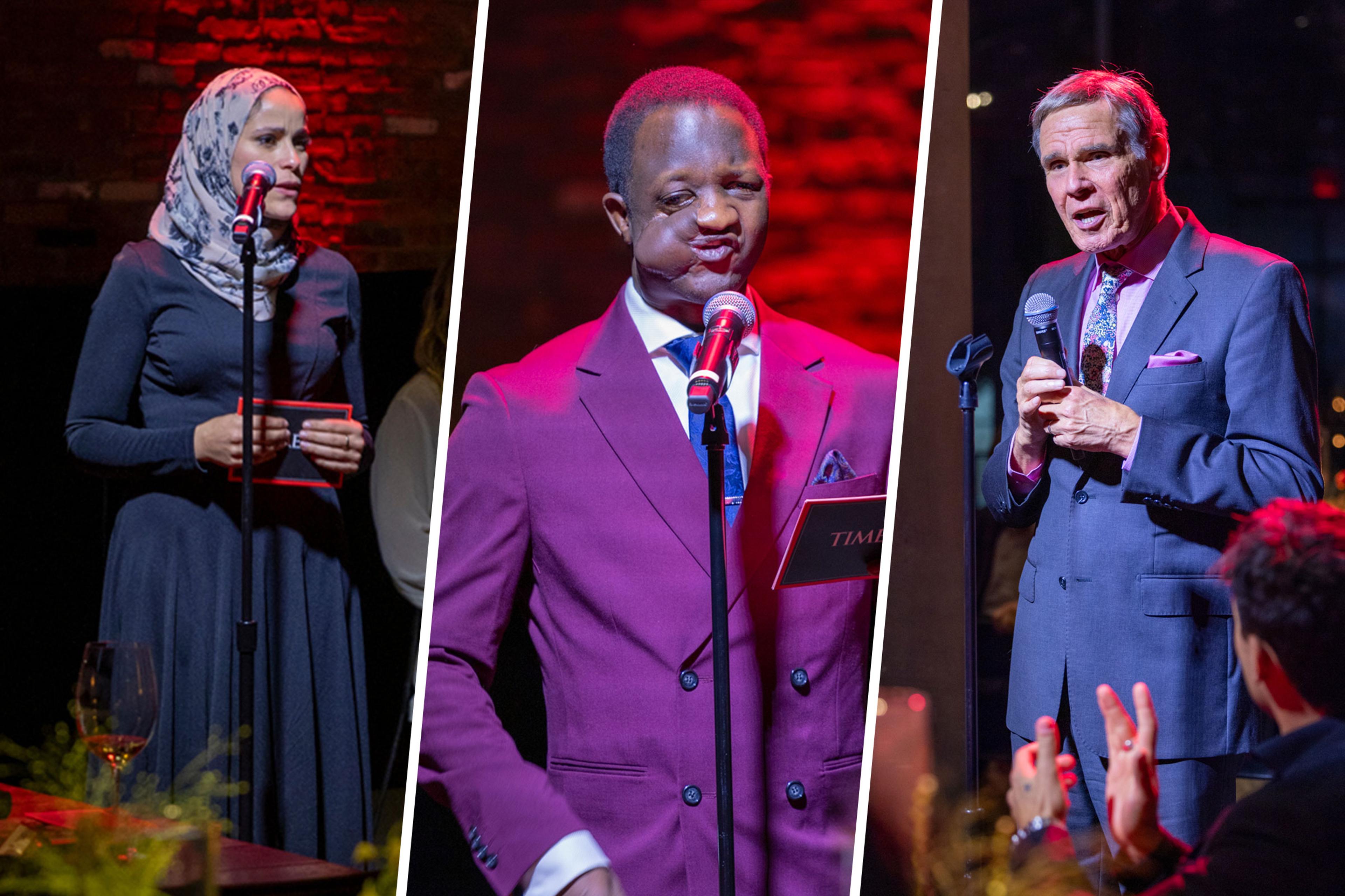 Alaa Murabit, Fidel Strub, and Eric Topol give toasts at the TIME 100 Health event on May 13, 2024.