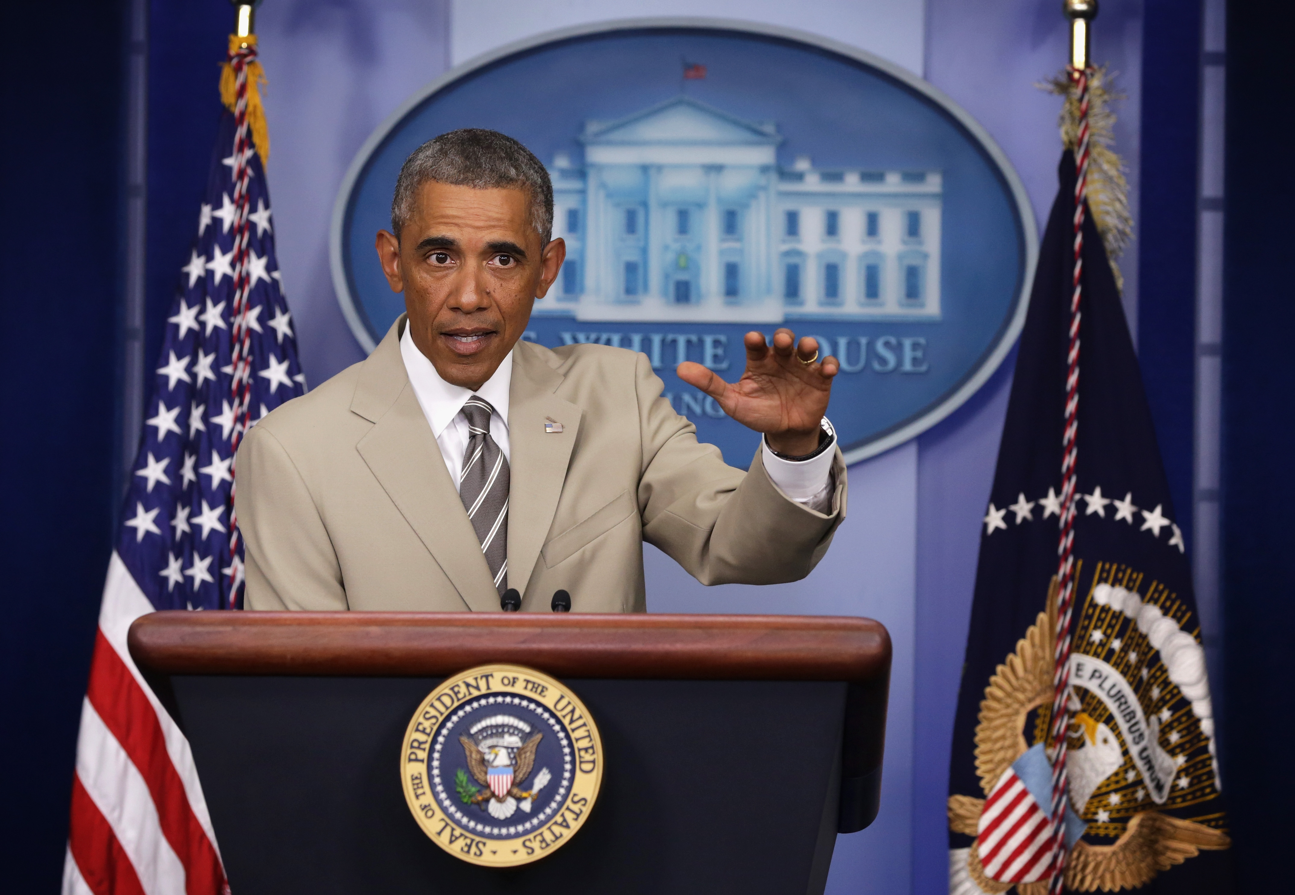 President Obama Makes Statement In The Briefing Room Of White House