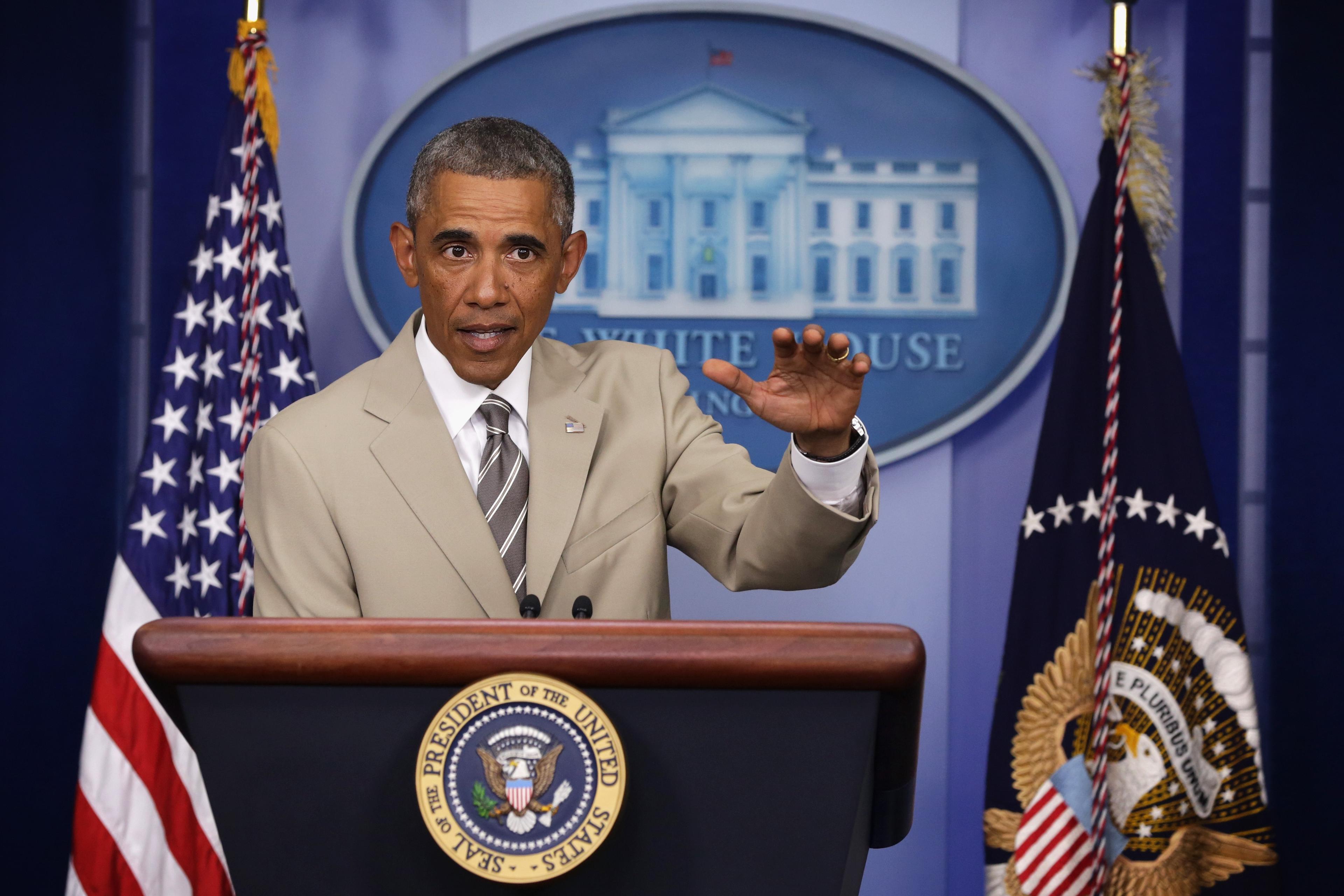 President Obama Makes Statement In The Briefing Room Of White House