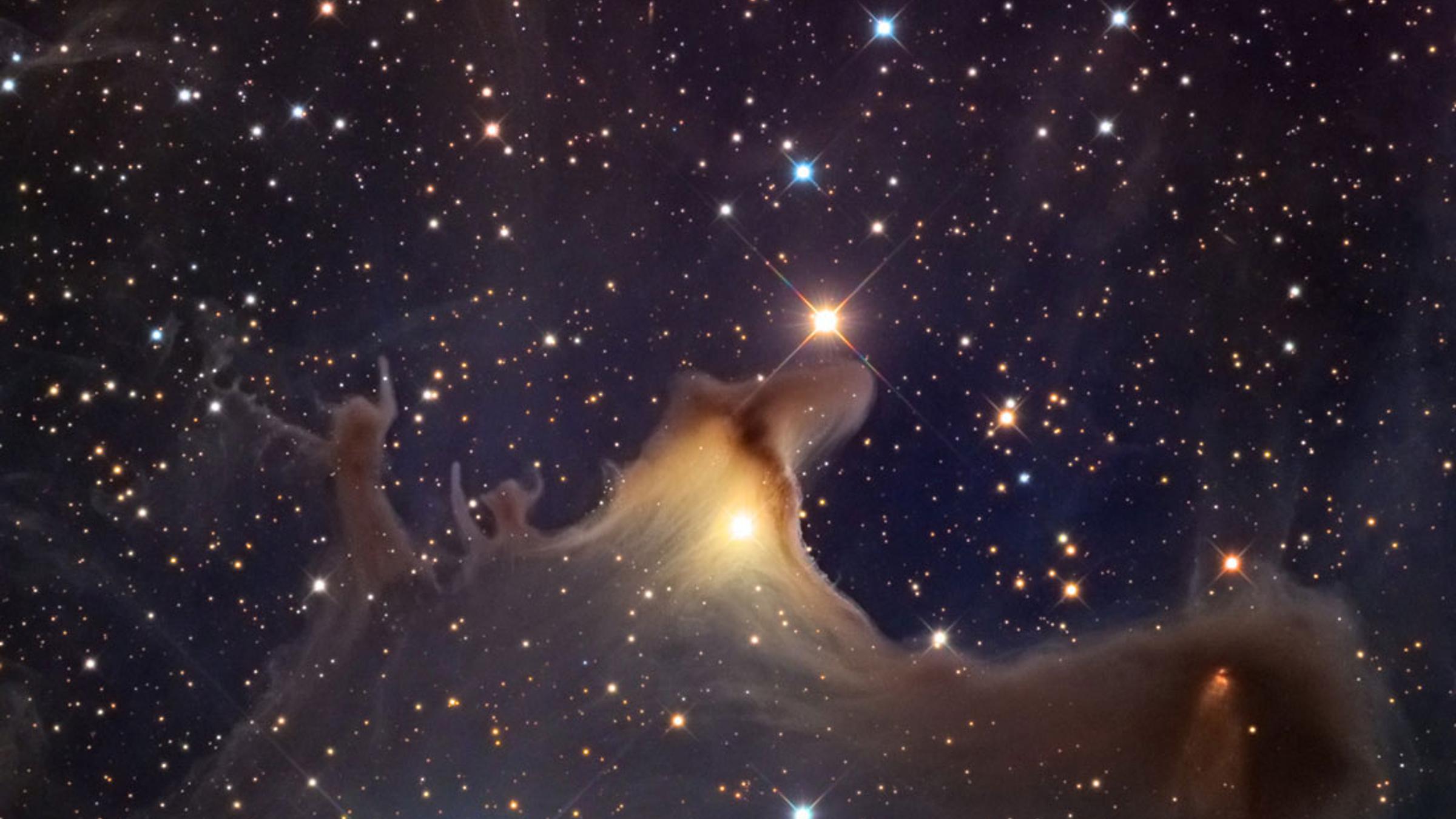SH2-136 The Ghosts of CepheusThe Ghosts of Cepheus present a cosmic view with the chiaroscuro that the oldgreat painters might have applied to their canvases. Here a few bright starsilluminate an otherwise dark and cold molecular cloud of gas and dust so