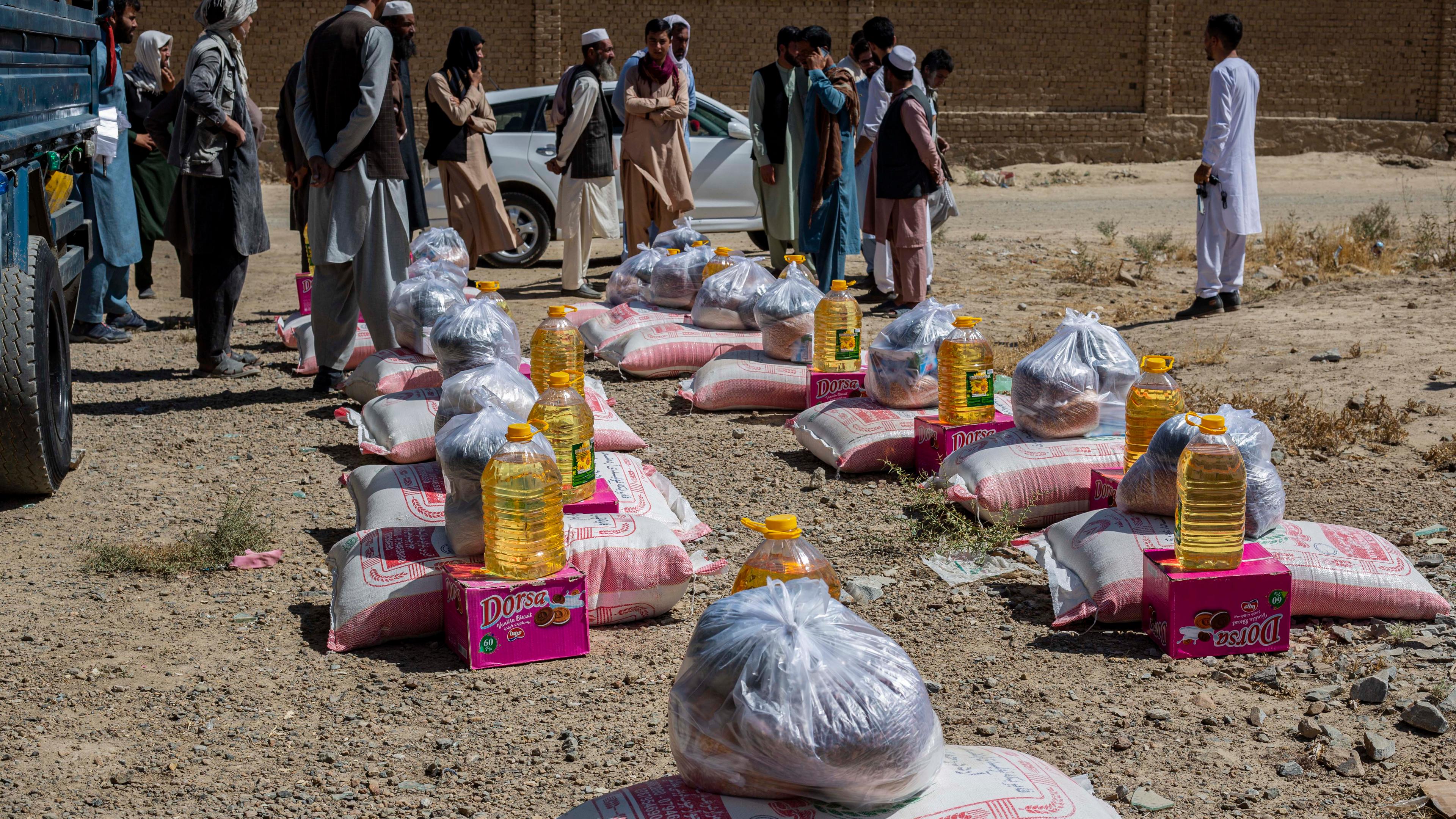 Aseel workers convene at Logar province, Afghanistan, for the distribution of food and medicines on Oct. 2, 2021