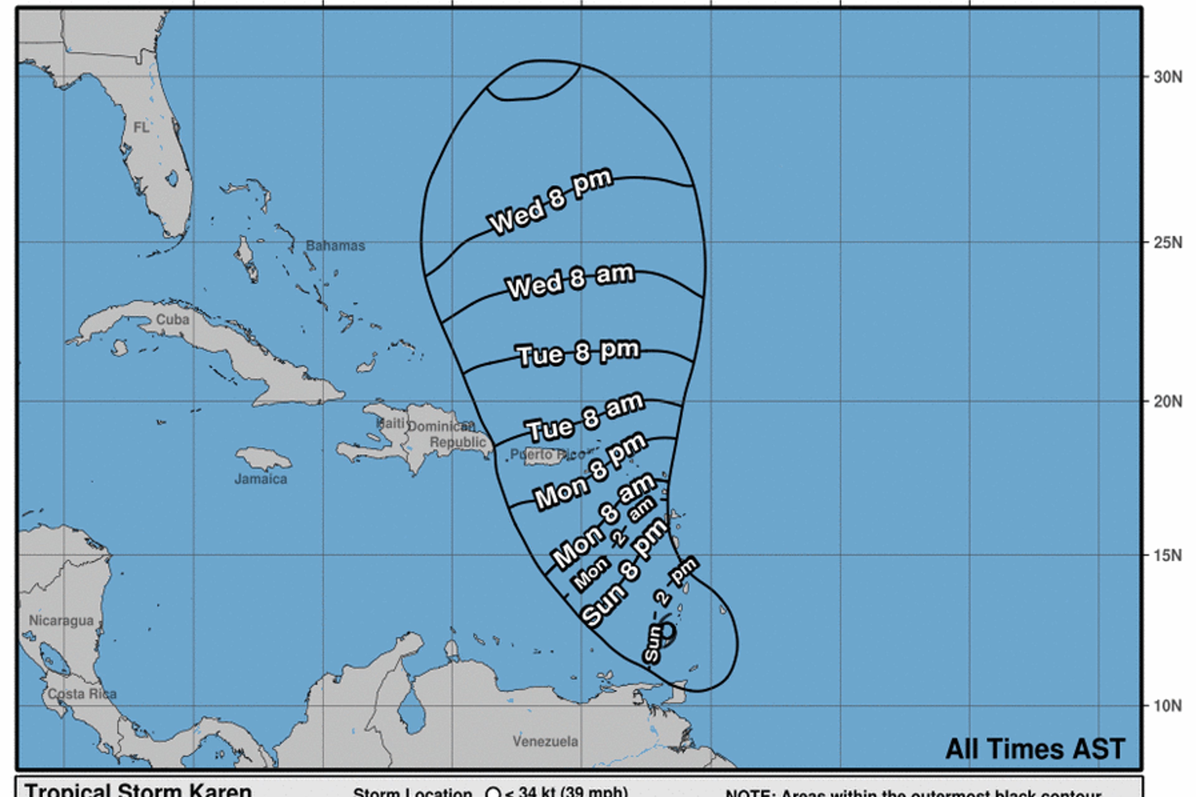 Tropical Storm Karen's predicted arrival times