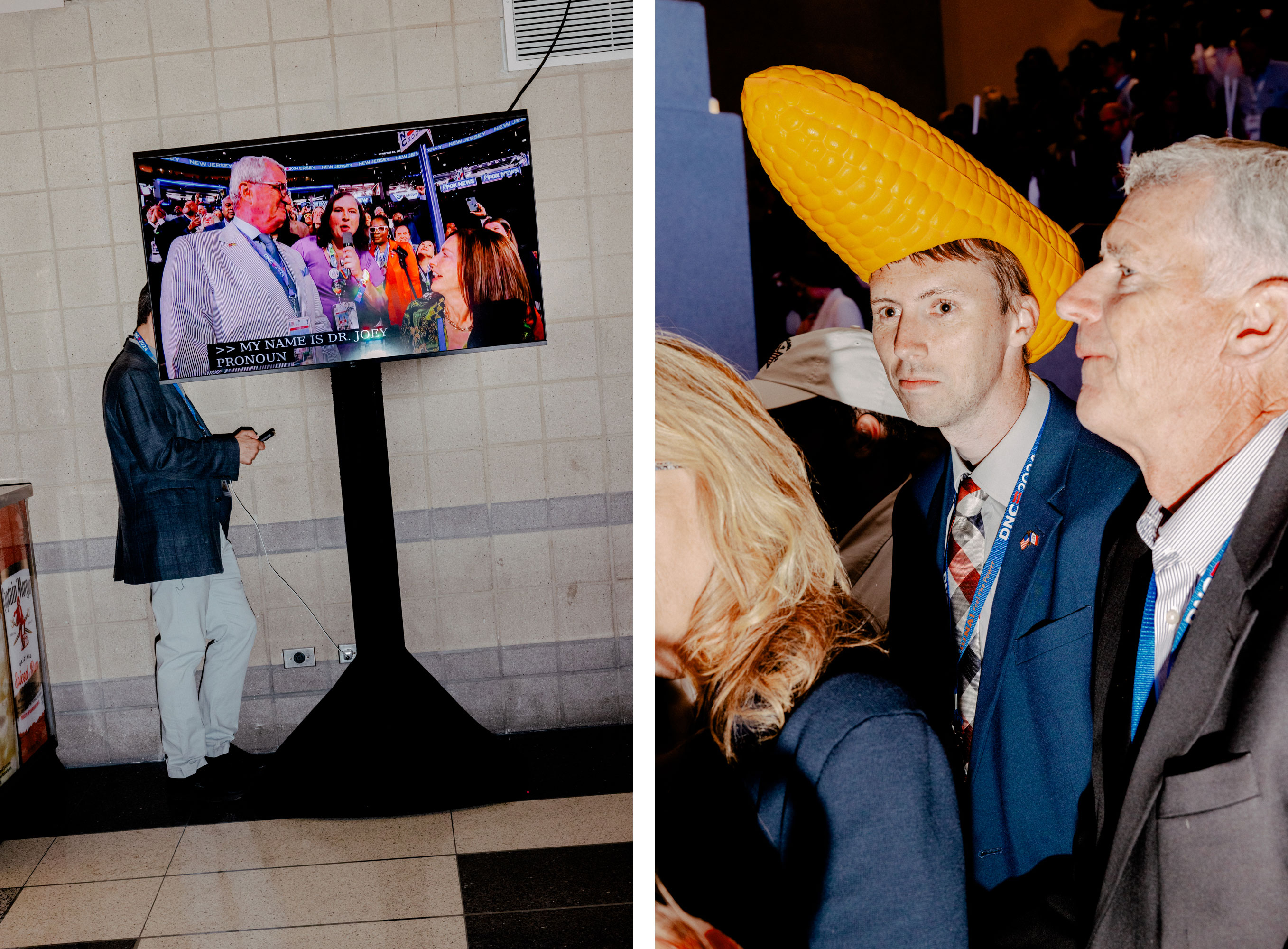 Day 2: An attendee charges their phone behind a TV in the arena, Aug. 20;  Day 2: An attendee wears a hat in the shape of an ear of corn, Aug. 20