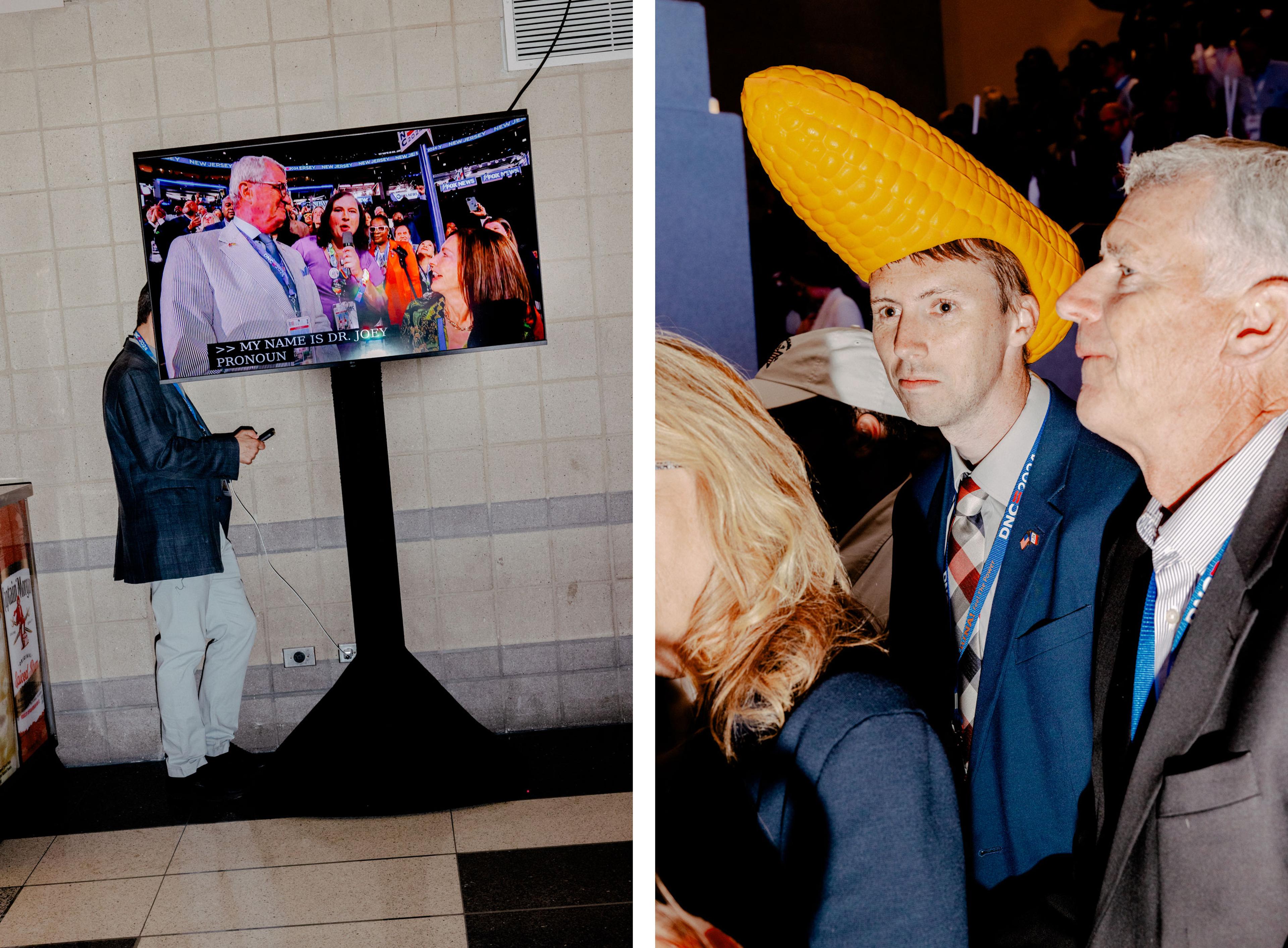 Day 2: An attendee charges their phone behind a TV in the arena, Aug. 20; Day 2: An attendee wears a hat in the shape of an ear of corn, Aug. 20