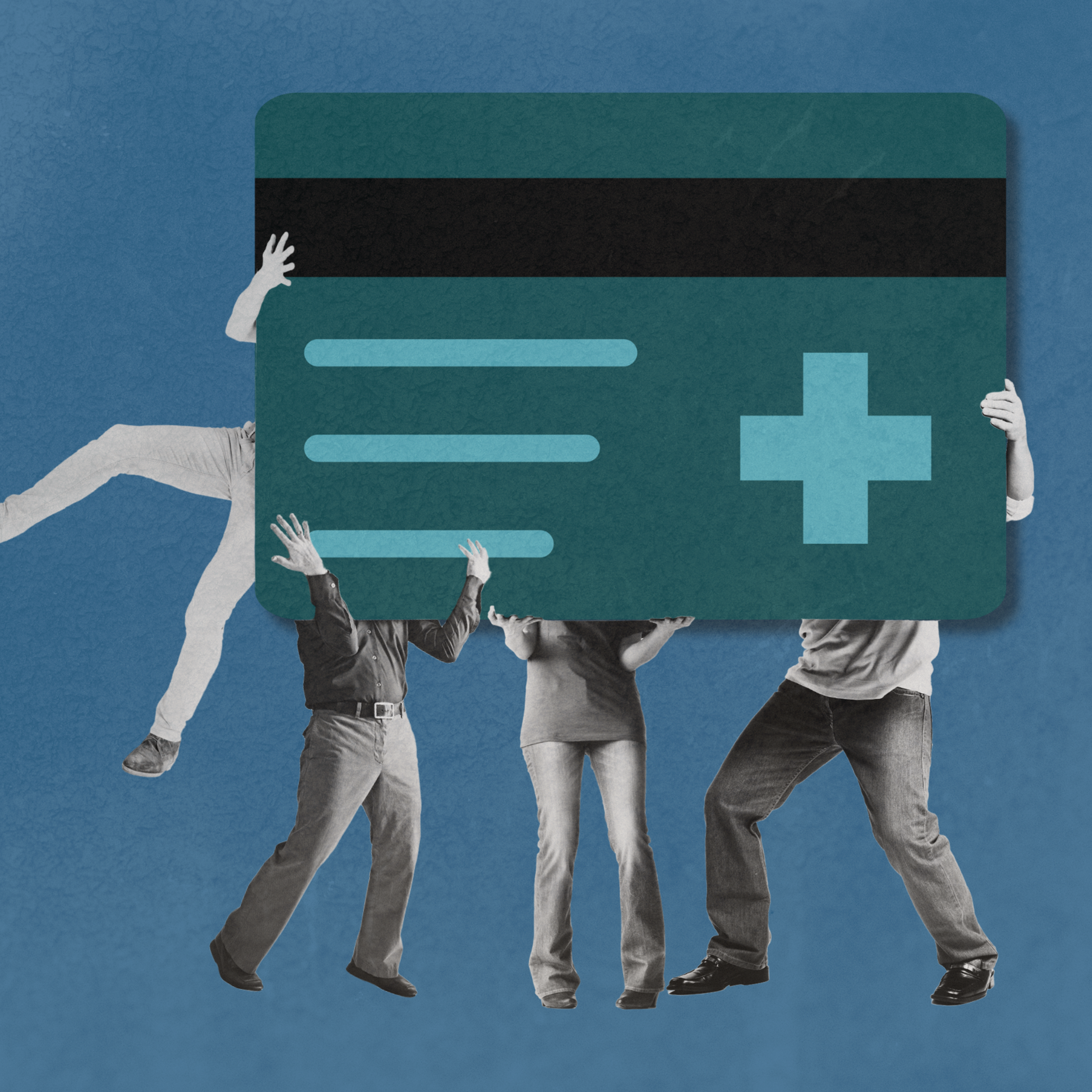 A photo-illustration of four people collectively holding one insurance card.