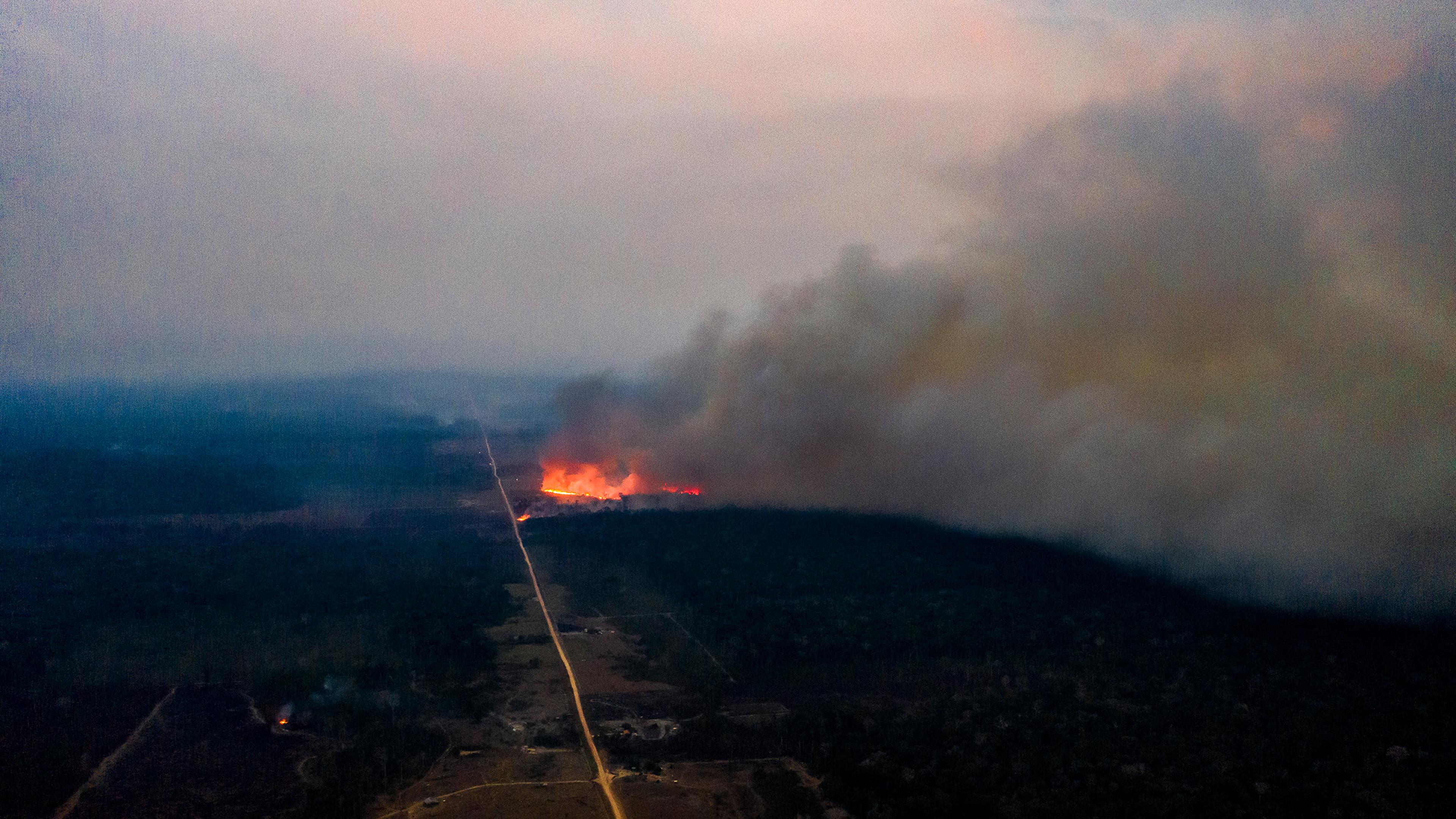 An ongoing fire in the region of Vila Nova Samuel, near the Jacundá National Forest, in the Brazilian Amazon on Aug. 27.
