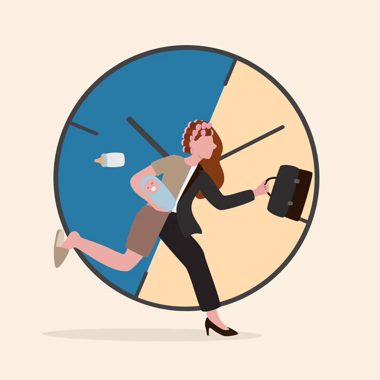 Working mom or mother work life balance, parenting employee or family responsibility concept, busy businesswoman with baby in one hand at home and working briefcase in the other hand with time clock.