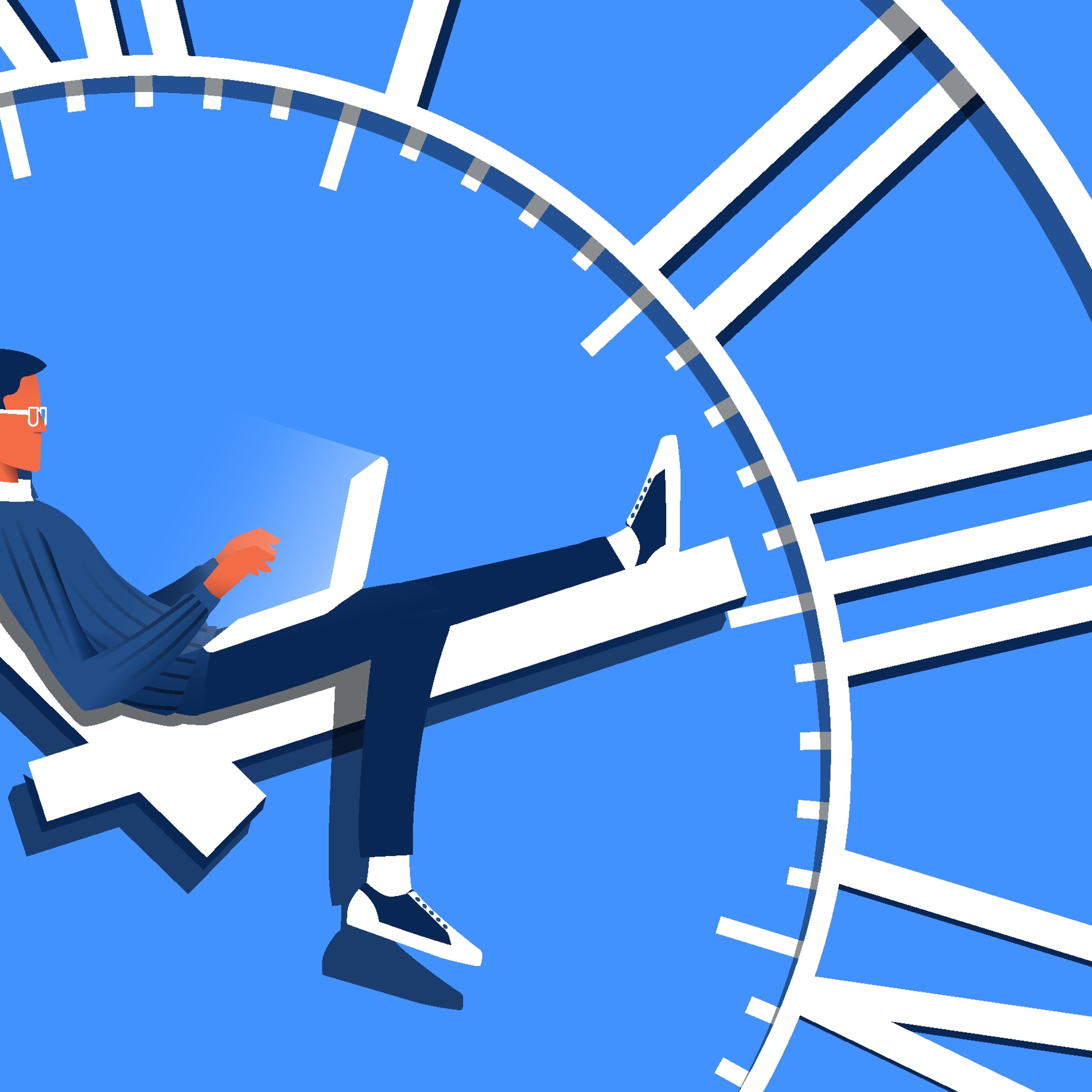 Man typing on a laptop sitting in a clock illustration